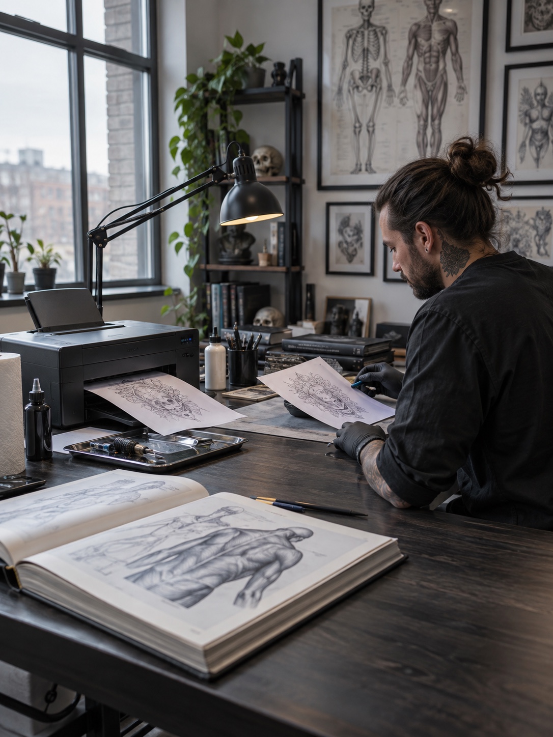 Tattoo artist stencil workstation Tattoo artist checking a printed stencil beside anatomy books and a desk lamp. | Sky Rye Design Tattoo artist checking a printed stencil beside anatomy books and a desk lamp.