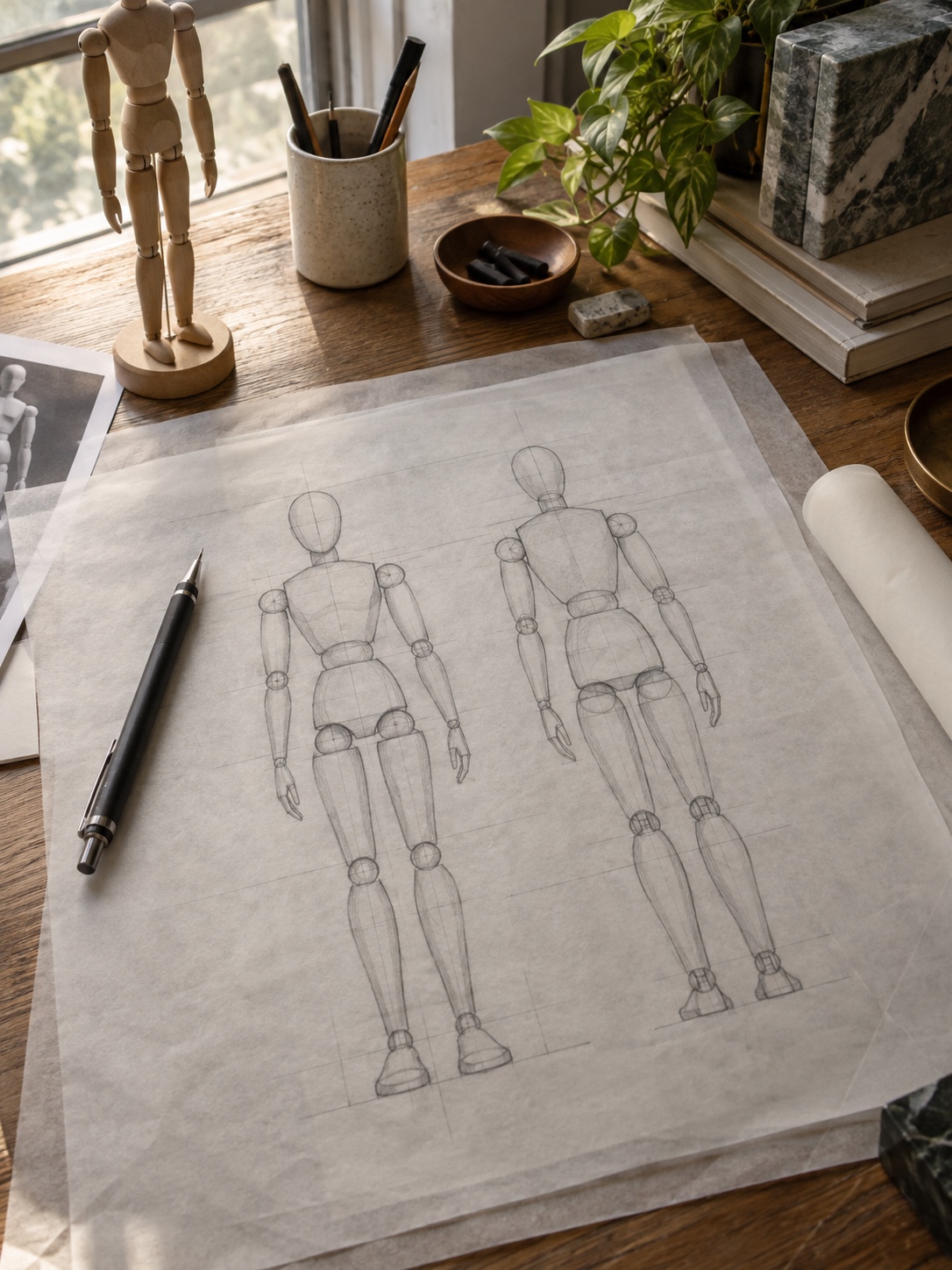 Body outline for tattoo placement Pencil studies of an artist mannequin on tracing paper beside a mechanical pencil. | Sky Rye Design Pencil studies of an artist mannequin on tracing paper beside a mechanical pencil.