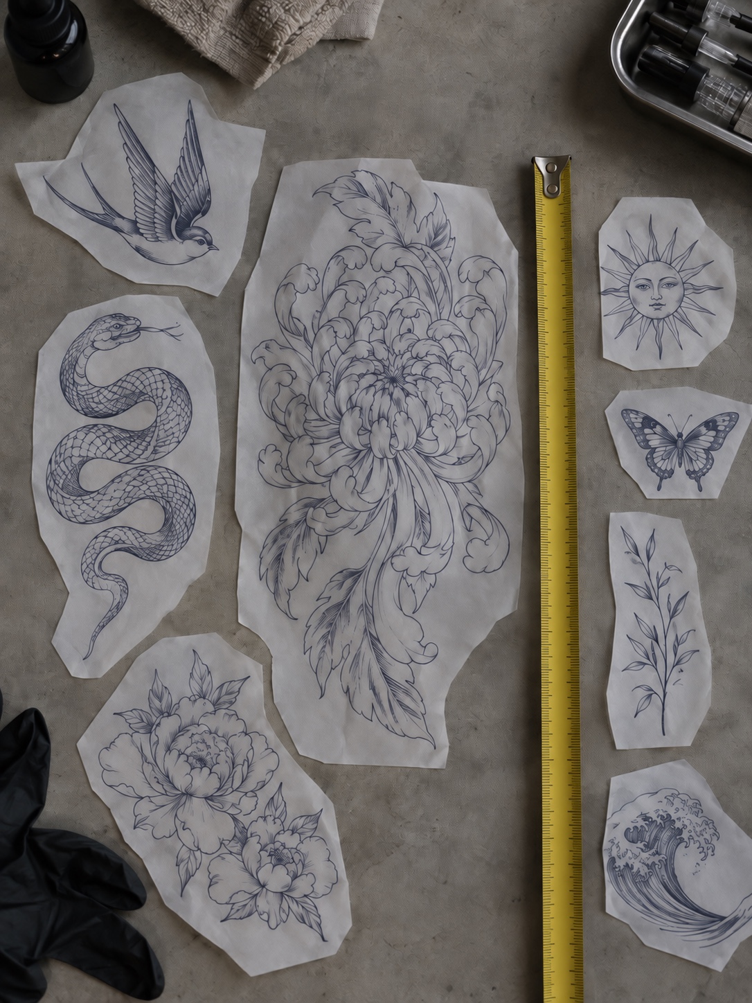 Tattoo stencil scale comparison Tattoo stencil designs at different scales beside an unnumbered measuring strip. | Sky Rye Design Tattoo stencil designs at different scales beside an unnumbered measuring strip.