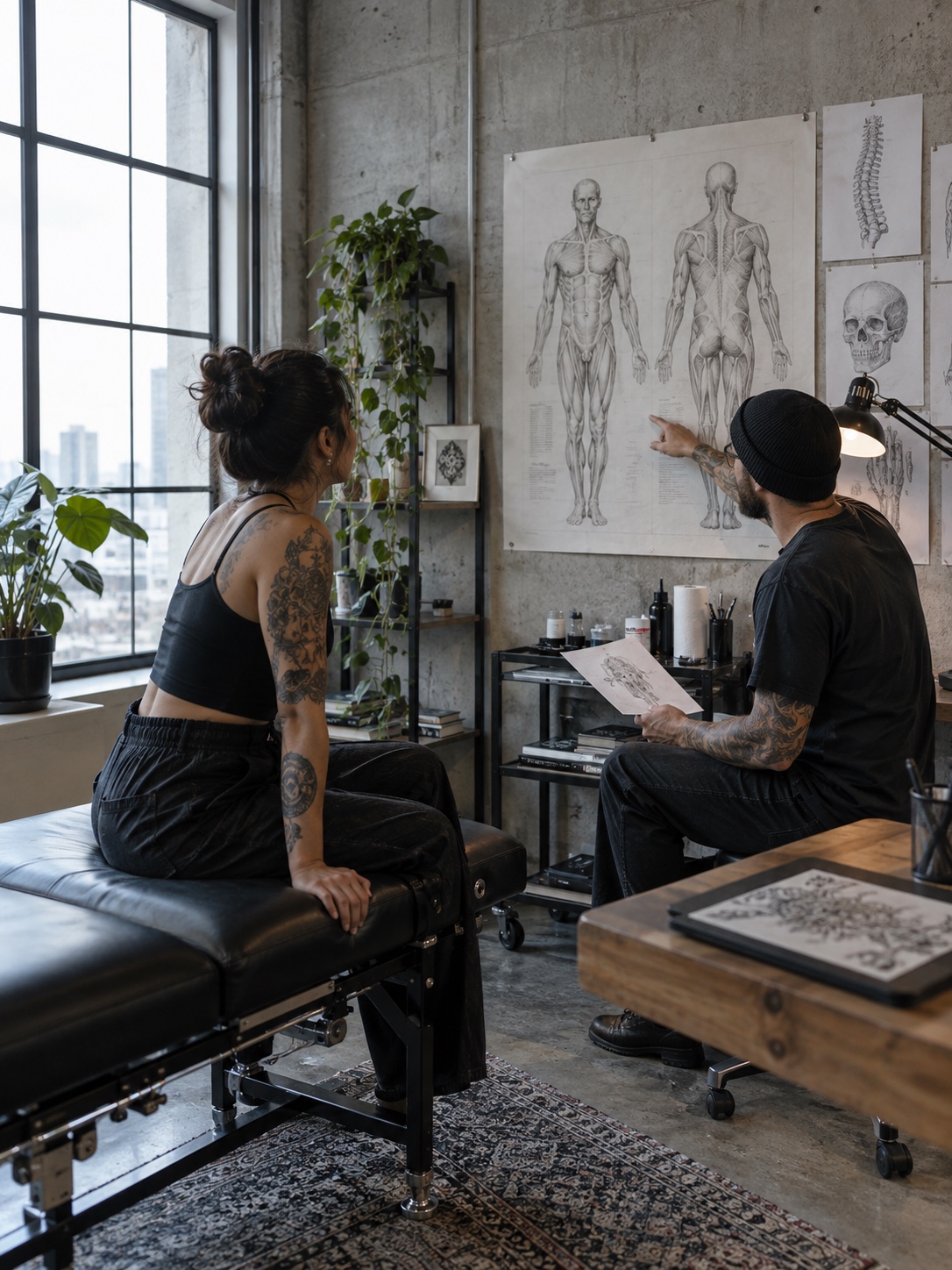 Tattoo studio consultation space Tattoo artist and client discussing a placement study in a daylight studio. | Sky Rye Design Tattoo artist and client discussing a placement study in a daylight studio.