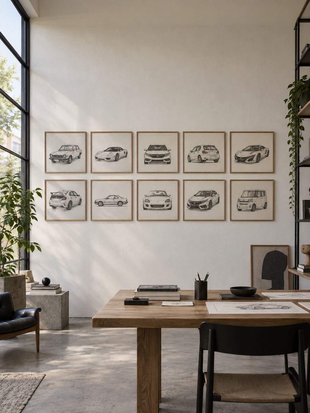 Minimalist design studio wall gallery displaying ten framed Honda model sketches.