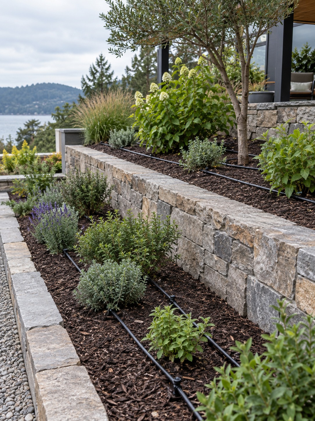 Drip irrigation tubing arranged through modern terraced planting beds on a slope