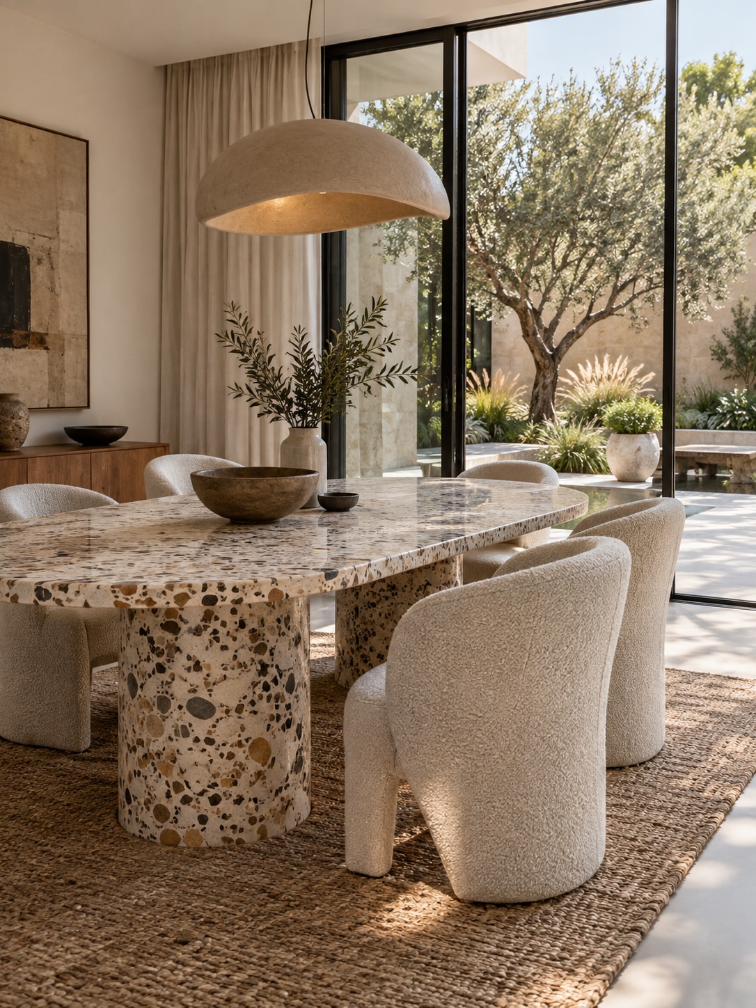 Terrazzo dining room courtyard Dining room with a sculptural terrazzo table and landscaped courtyard | Sky Rye Design Dining room with a sculptural terrazzo table and landscaped courtyard