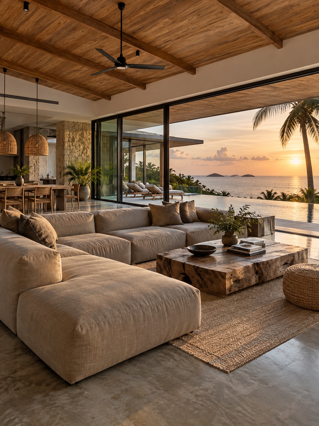 Thai beachfront villa living room Open-plan Thai beachfront villa living room with infinity pool and sunset sea view | Sky Rye Design Open-plan Thai beachfront villa living room with infinity pool and sunset sea view