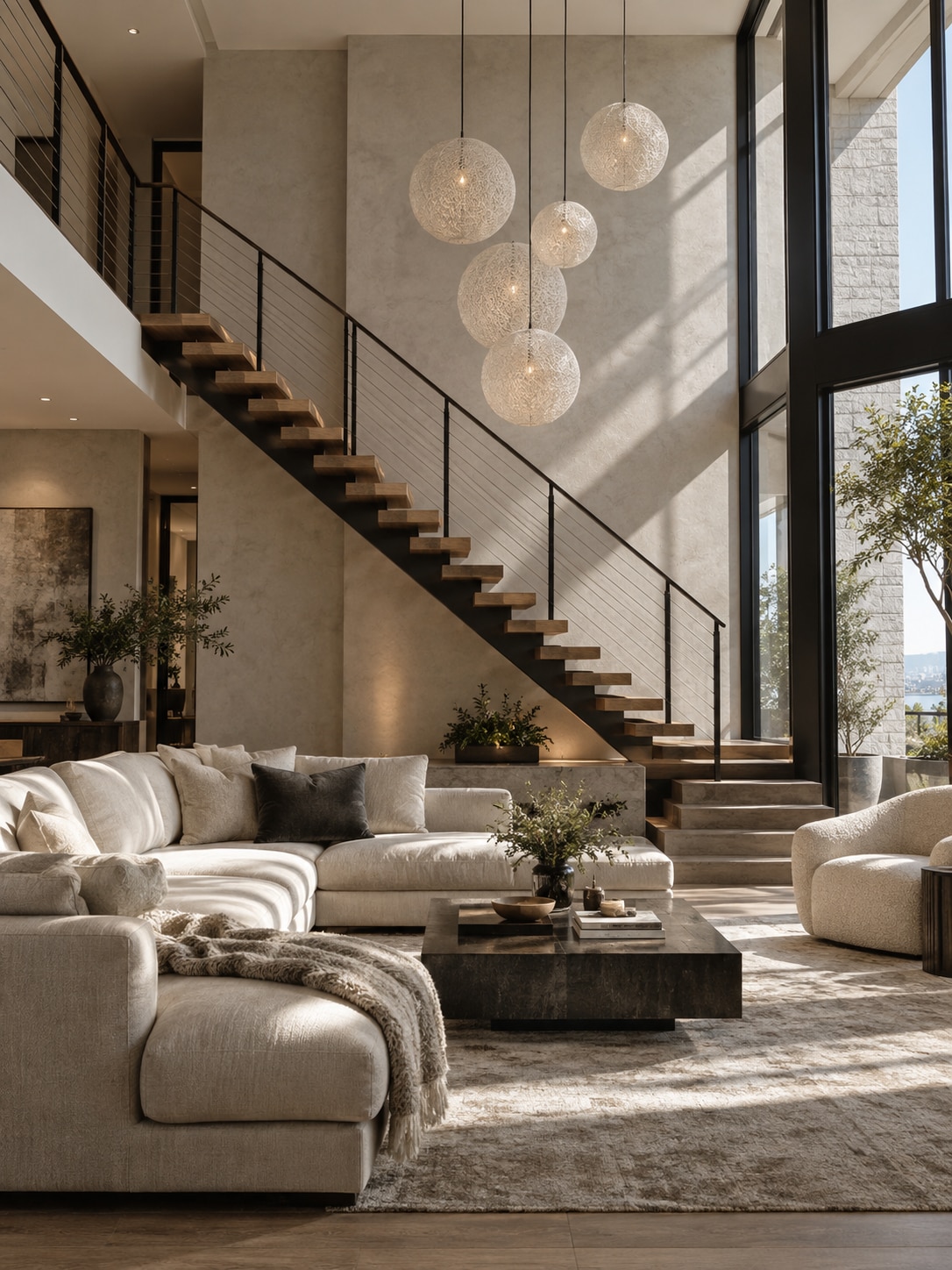 Thai condo floating staircase living room Double-height condo living room with a sculptural floating staircase | Sky Rye Design Double-height condo living room with a sculptural floating staircase