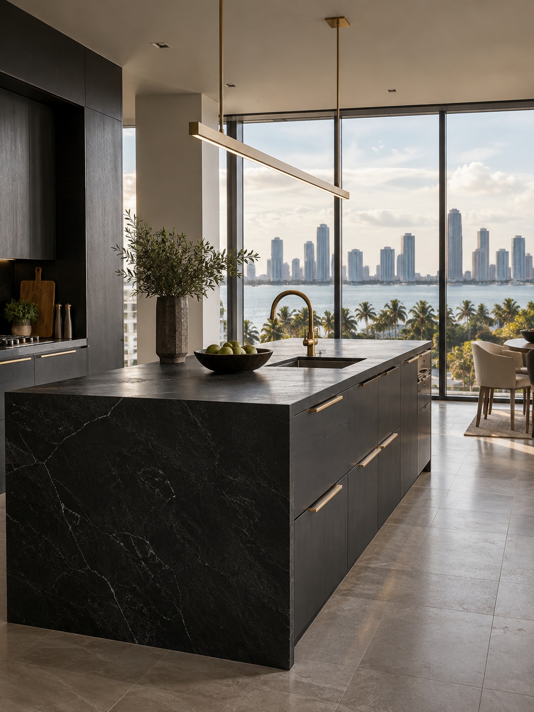 Thailand condo kitchen island Matte black stone kitchen island with brass details in a tropical high-rise condo | Sky Rye Design Matte black stone kitchen island with brass details in a tropical high-rise condo