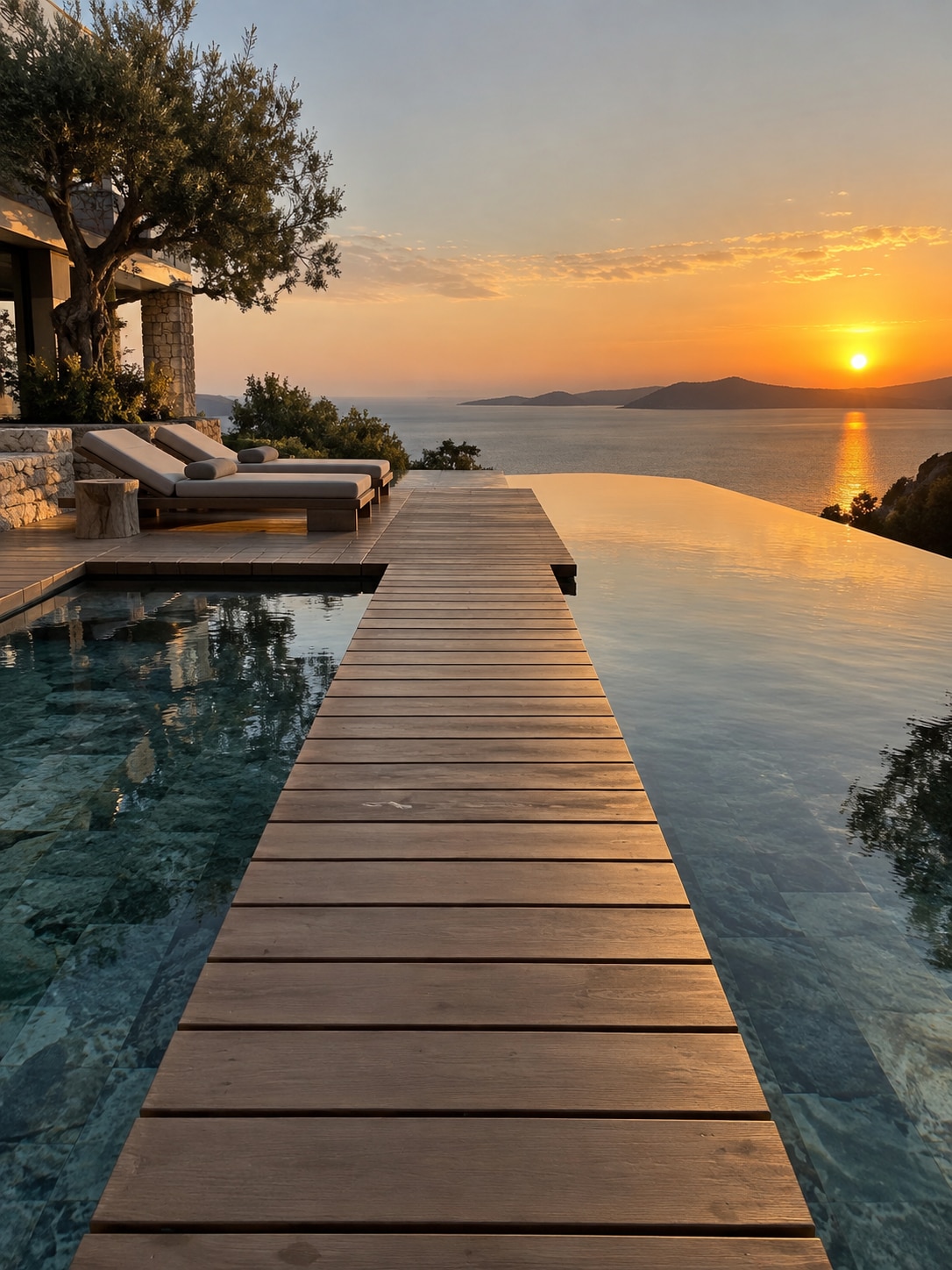 Thailand infinity pool deck walkway Infinity pool deck with minimalist loungers and a floating timber walkway | Sky Rye Design Infinity pool deck with minimalist loungers and a floating timber walkway