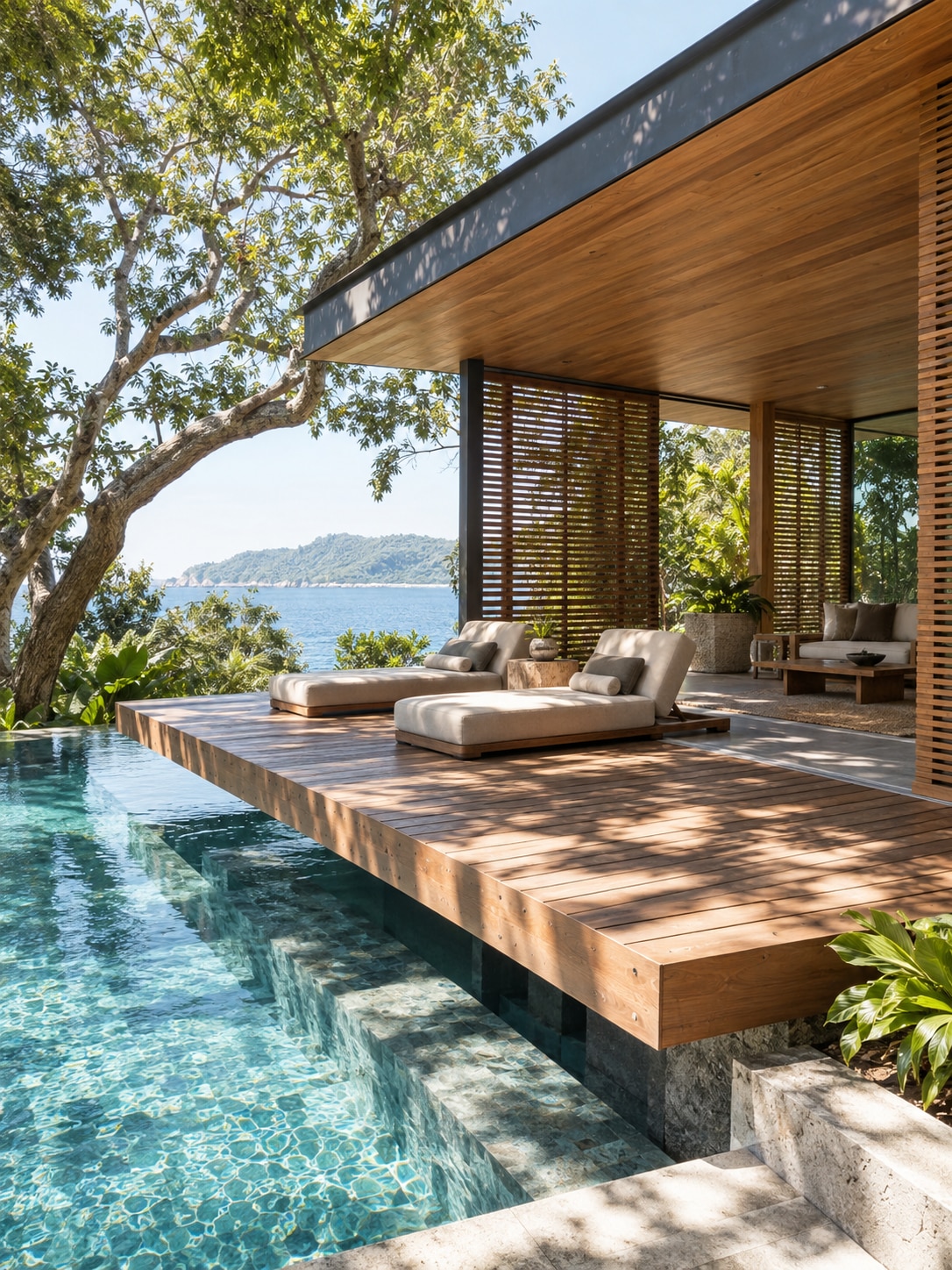 Thailand pool pavilion deck Outdoor wooden deck with two beige lounge chairs by a turquoise pool, overlooking the sea and distant hills. | Sky Rye Design Contemporary pool pavilion with a cantilevered teak deck and slatted screens