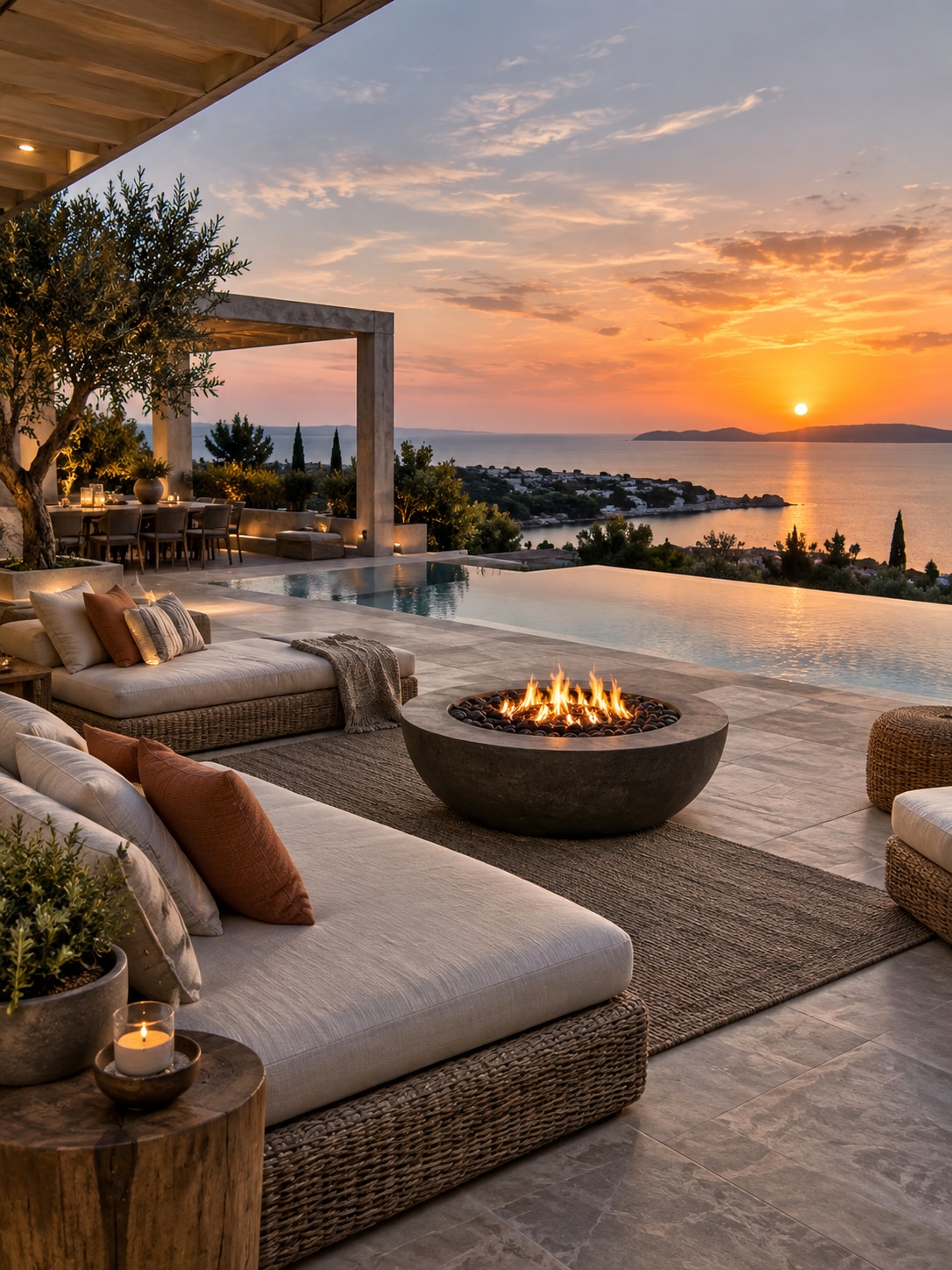 Thailand rooftop lounge terrace Rooftop terrace with rattan daybeds, fire pit and infinity pool at dusk | Sky Rye Design Rooftop terrace with rattan daybeds, fire pit and infinity pool at dusk