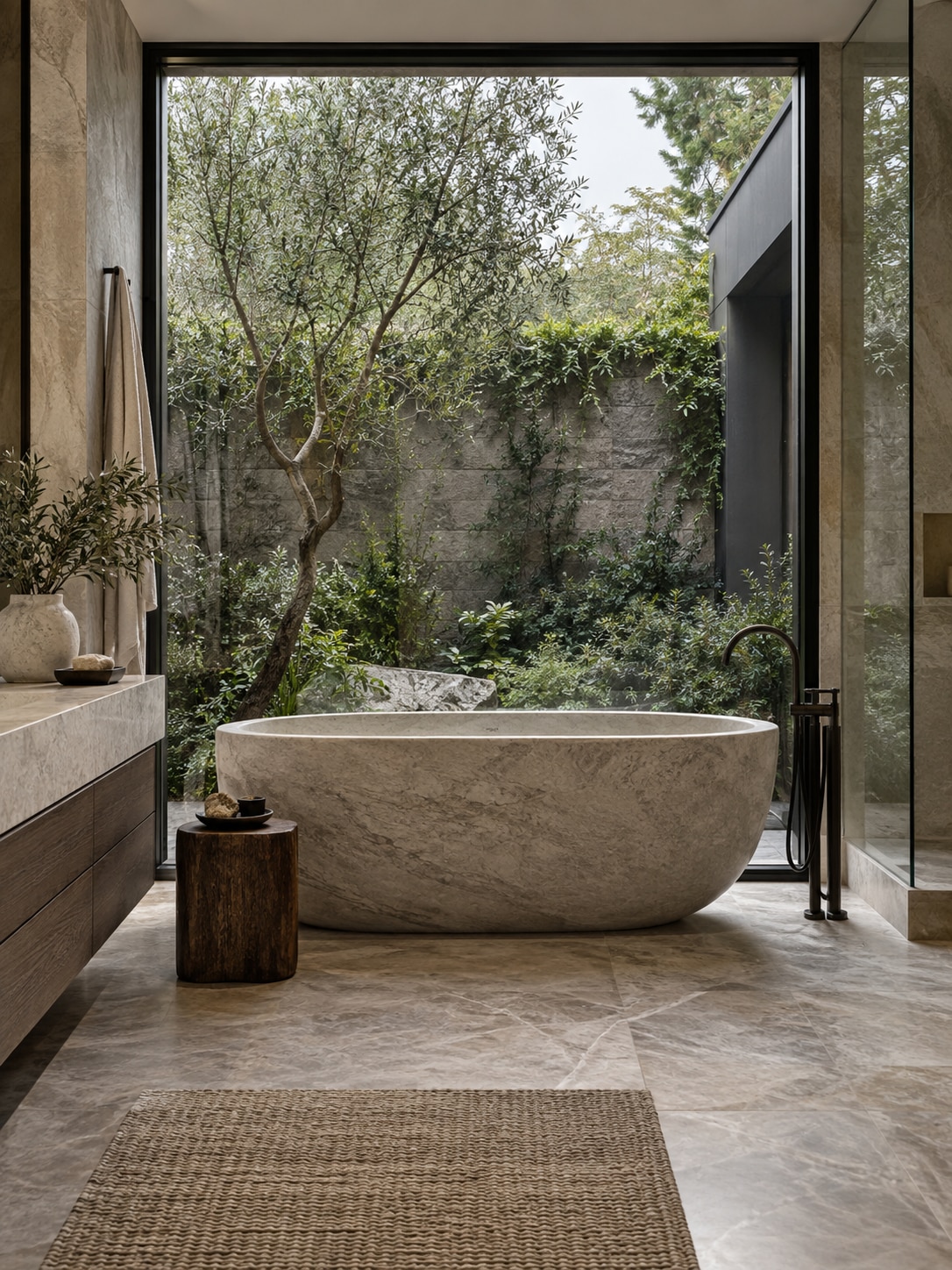 Thailand spa bathroom courtyard Stone bathtub facing a private tropical courtyard in a contemporary Thai bathroom | Sky Rye Design Stone bathtub facing a private tropical courtyard in a contemporary Thai bathroom
