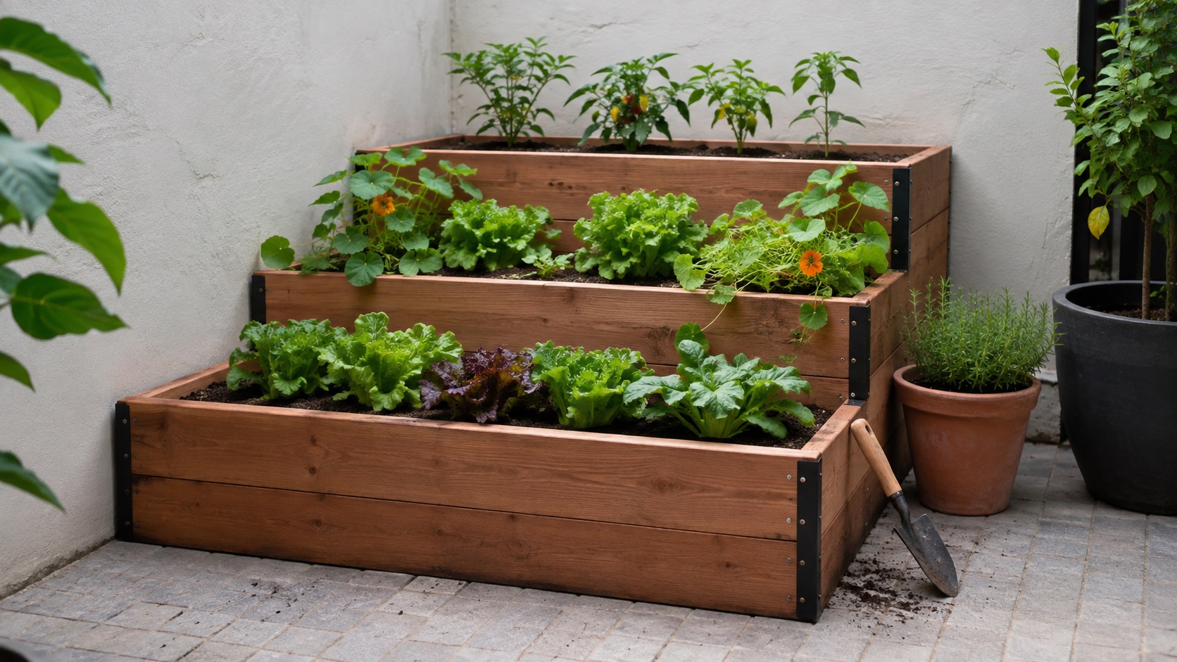 Tiered planter boxes for small space vegetable gardening on a compact patio.
