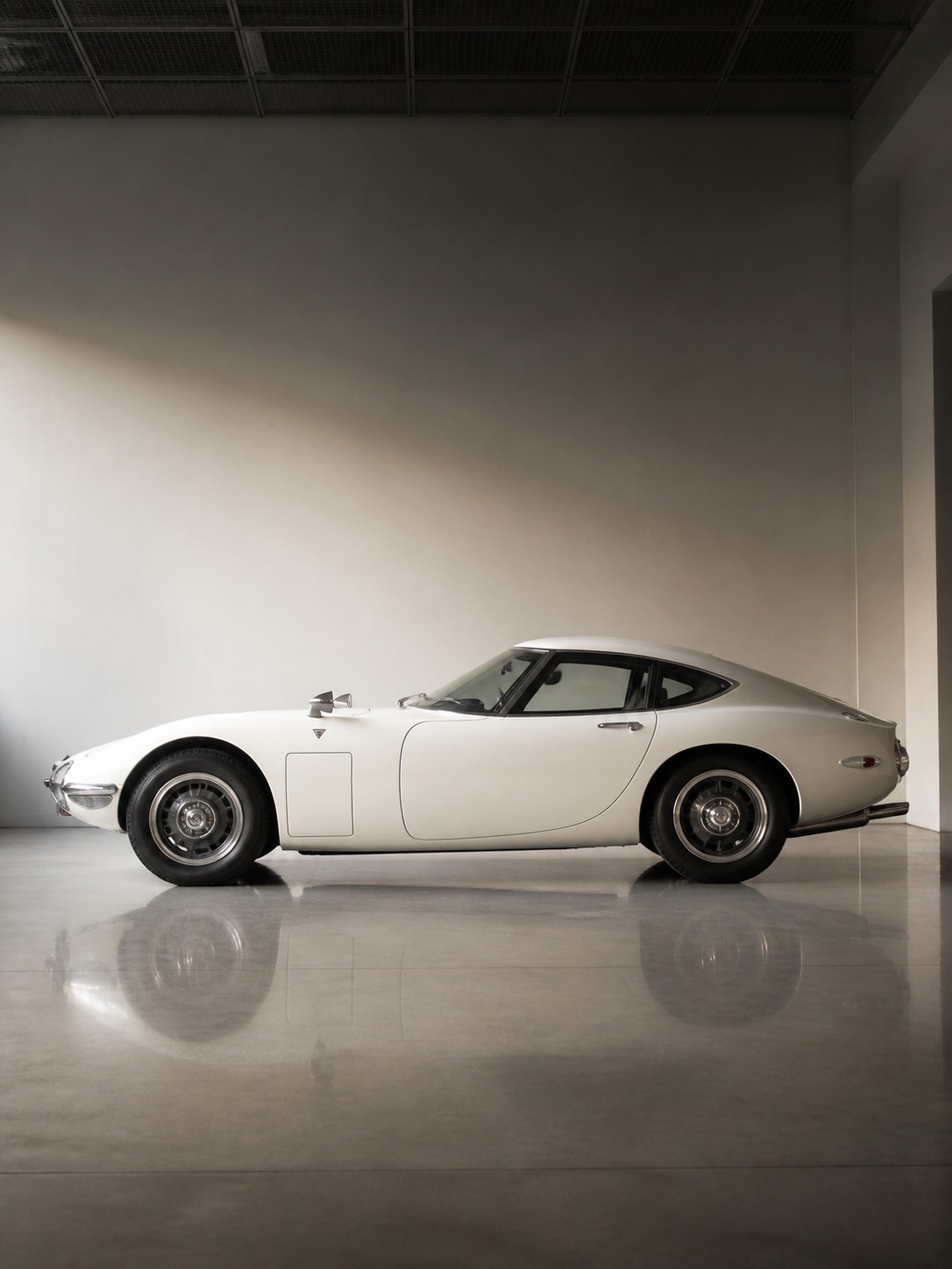 Toyota 2000GT profile in a gallery setting A Toyota 2000GT in profile under soft gallery light with a long low hood and compact rear-set cabin. | Sky Rye Design A Toyota 2000GT in profile under soft gallery light with a long low hood and compact rear-set cabin.