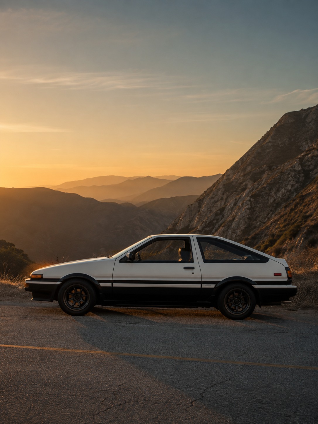 Toyota AE86 profile on a mountain pass A Toyota AE86 Corolla Trueno in profile on a quiet mountain road with its boxy panels catching golden light. | Sky Rye Design A Toyota AE86 Corolla Trueno in profile on a quiet mountain road with its boxy panels catching golden light.