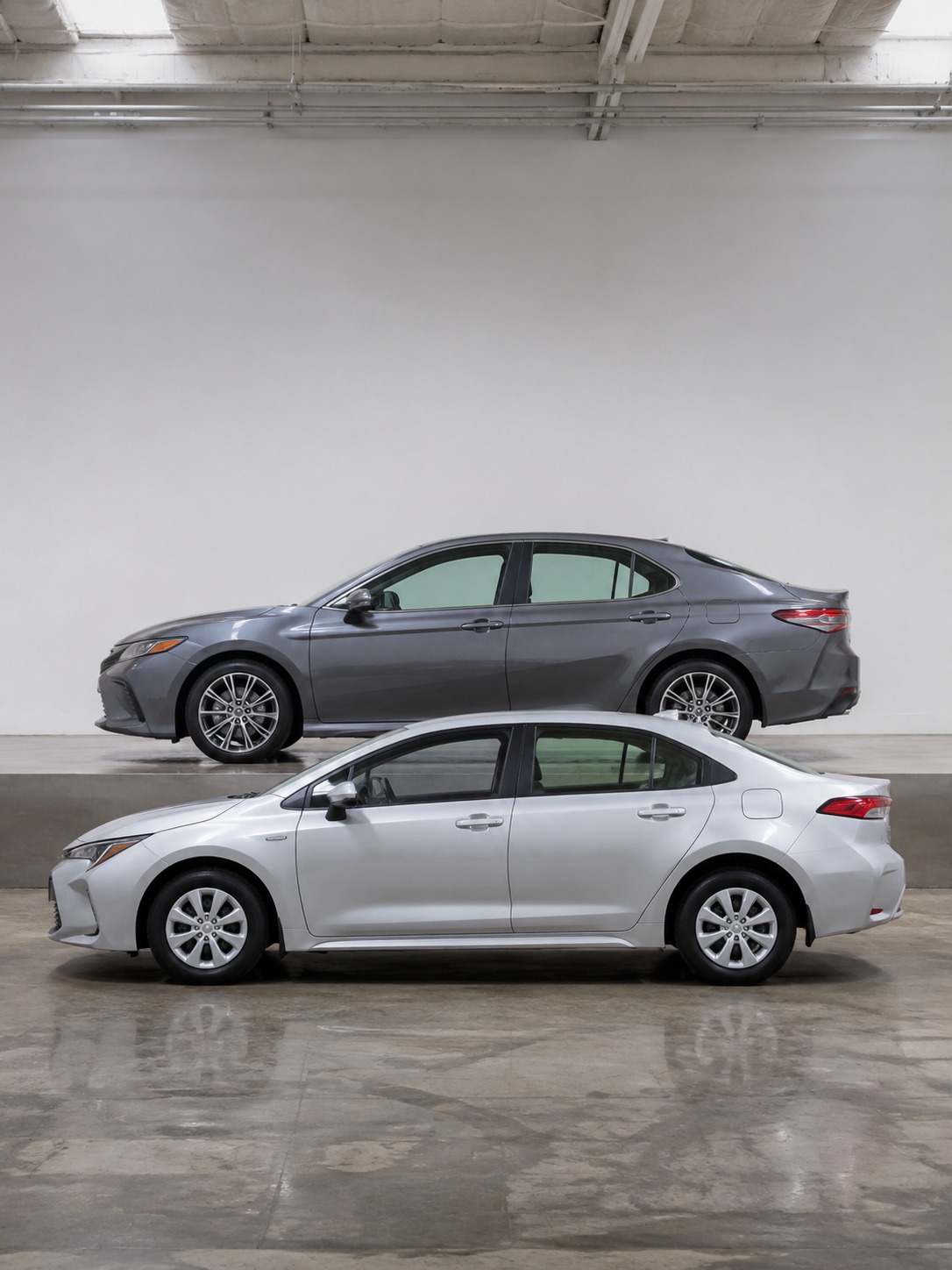 Toyota Camry and Corolla profile comparison A Toyota Camry and Corolla parked side by side in profile for a proportion and scale comparison. | Sky Rye Design A Toyota Camry and Corolla parked side by side in profile for a proportion and scale comparison.