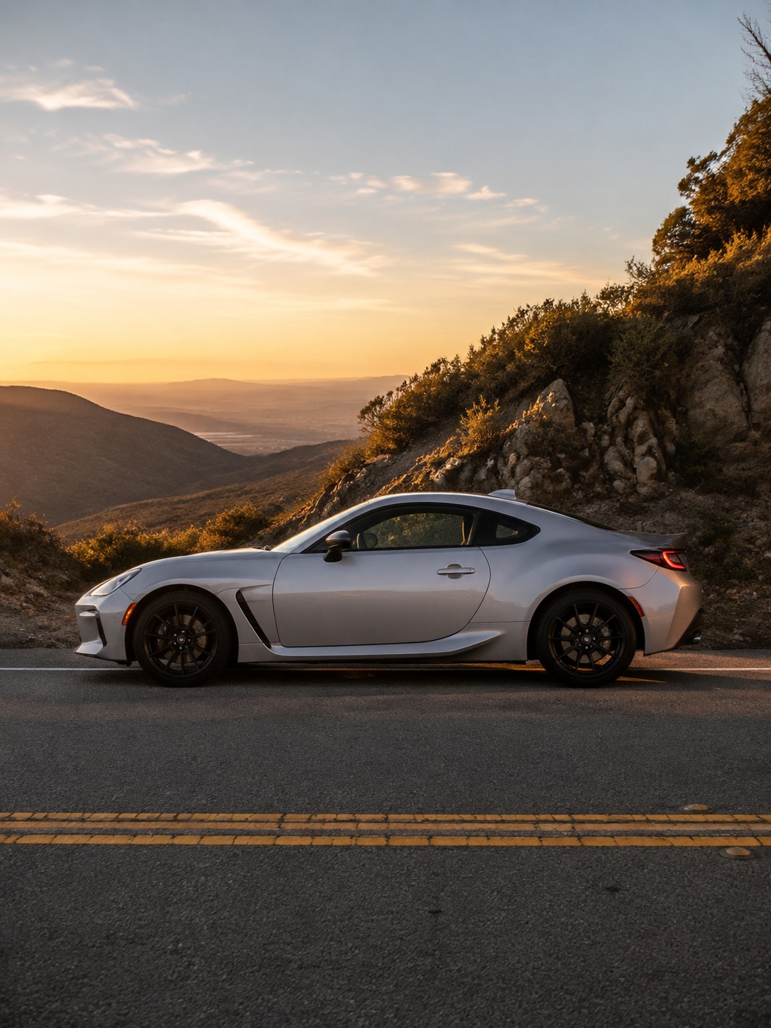 Toyota GR86 profile on a mountain road A Toyota GR86 in profile on an empty mountain road, emphasizing its long hood and compact greenhouse. | Sky Rye Design A Toyota GR86 in profile on an empty mountain road, emphasizing its long hood and compact greenhouse.