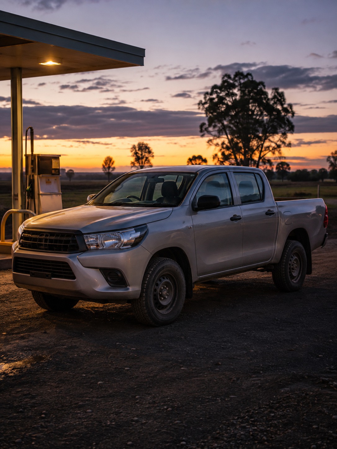 Toyota Hilux at a rural gas station A Toyota Hilux pickup at dusk with the cab, bed, upright grille, and high ground clearance clearly visible. | Sky Rye Design A Toyota Hilux pickup at dusk with the cab, bed, upright grille, and high ground clearance clearly visible.