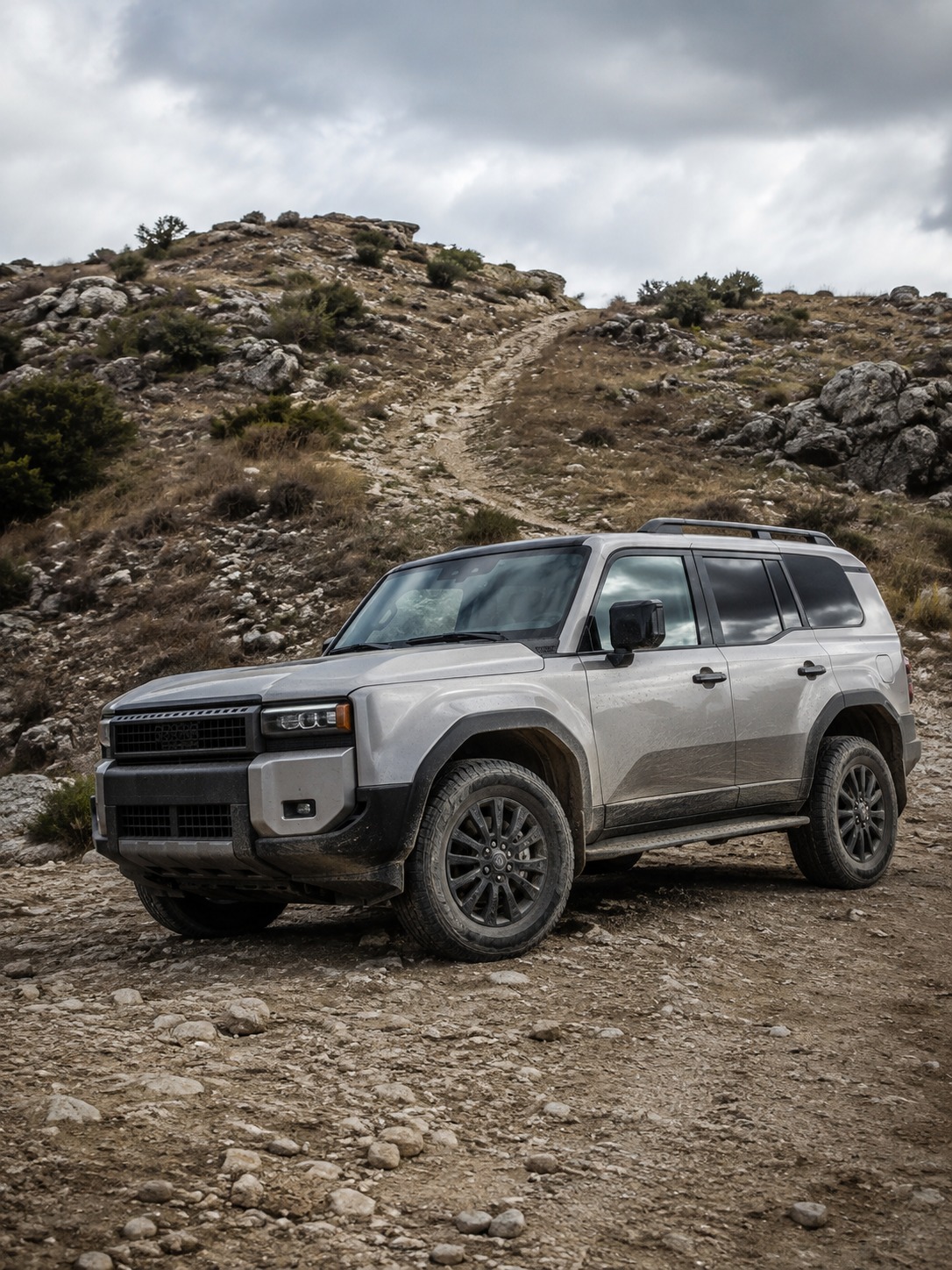 Toyota Land Cruiser stance on a rocky trail A Toyota Land Cruiser parked near a rocky trail, showing its tall boxy cabin and generous wheel-arch clearance. | Sky Rye Design A Toyota Land Cruiser parked near a rocky trail, showing its tall boxy cabin and generous wheel-arch clearance.