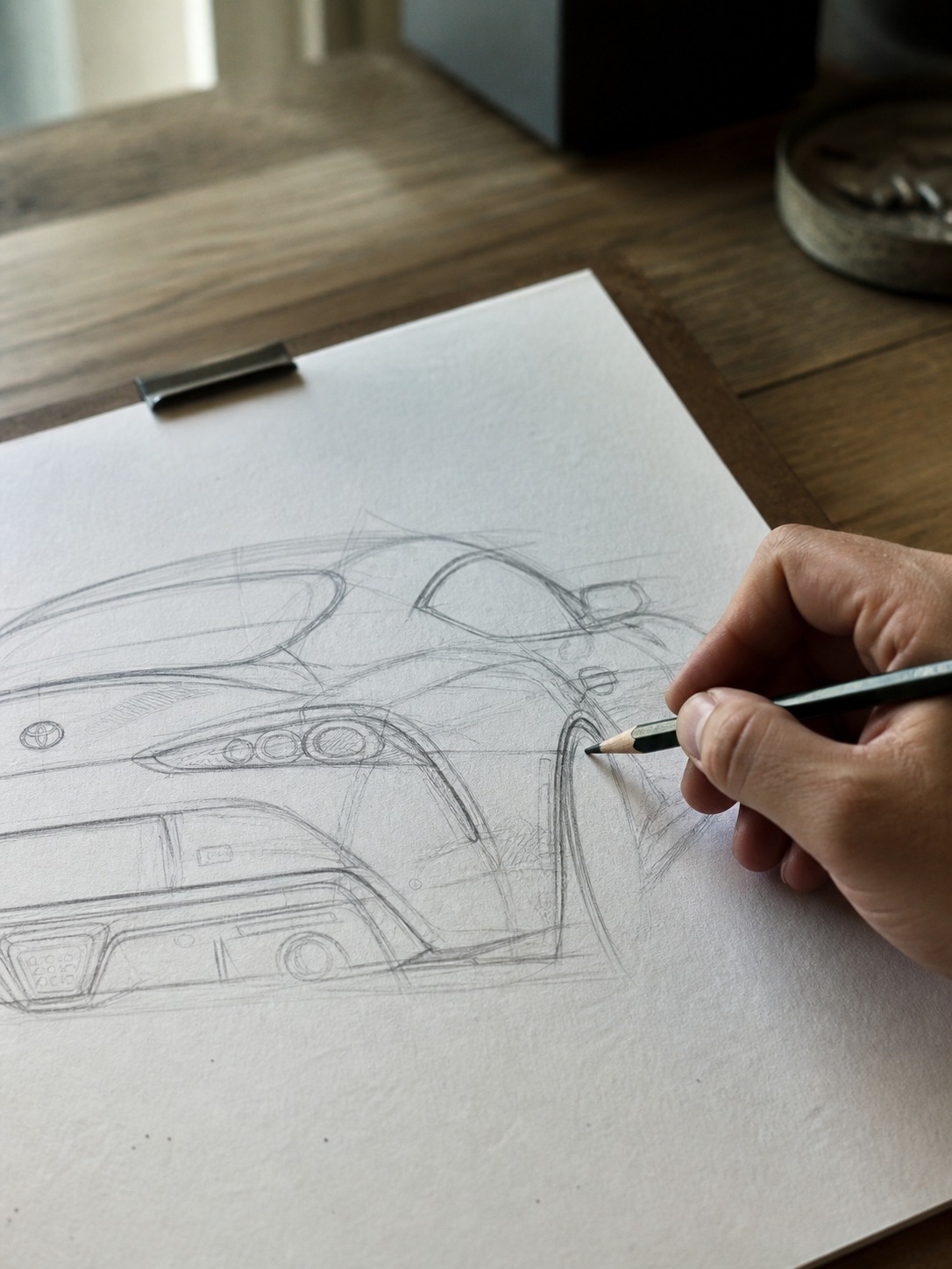 Sketching a Toyota Supra rear haunch An artist's hand sketching the rear haunch of a Toyota Supra with light construction lines on textured paper. | Sky Rye Design An artist's hand sketching the rear haunch of a Toyota Supra with light construction lines on textured paper.