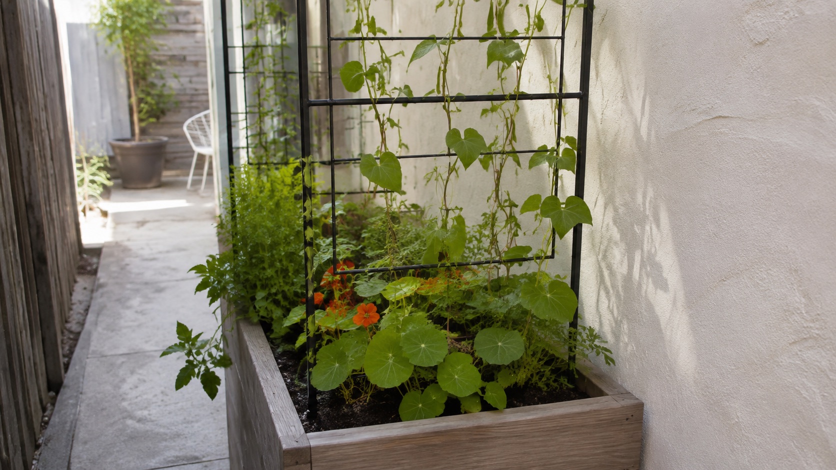 Vertical planter box with trellis for climbing plants in a narrow small-space garden.