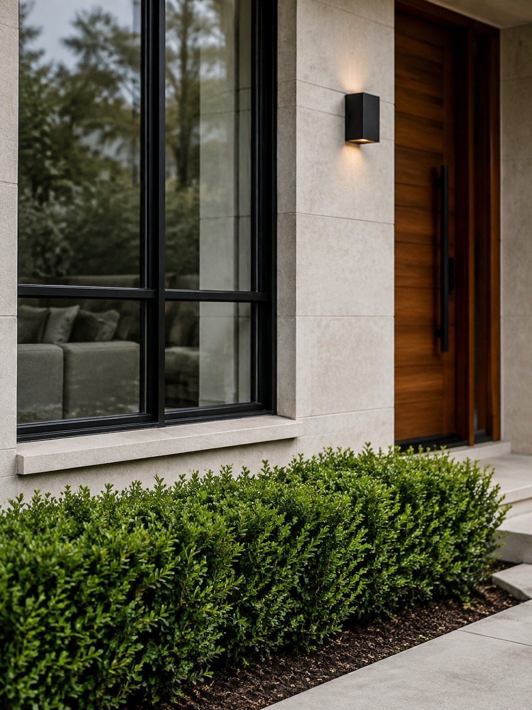 Trimmed shrubs for window visibility Neatly trimmed low shrubs beneath a modern ground-floor window, keeping the view to the glass clear. | Sky Rye Design Neatly trimmed low shrubs beneath a modern ground-floor window, keeping the view to the glass clear.