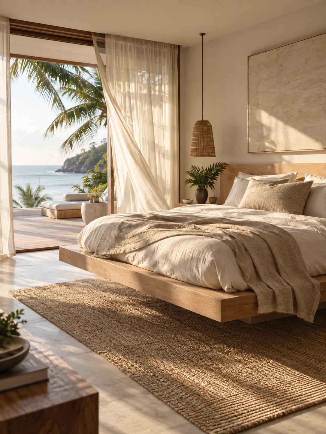 Tropical floating platform bedroom Minimal tropical bedroom with a floating oak platform bed and sheer linen curtains | Sky Rye Design Minimal tropical bedroom with a floating oak platform bed and sheer linen curtains