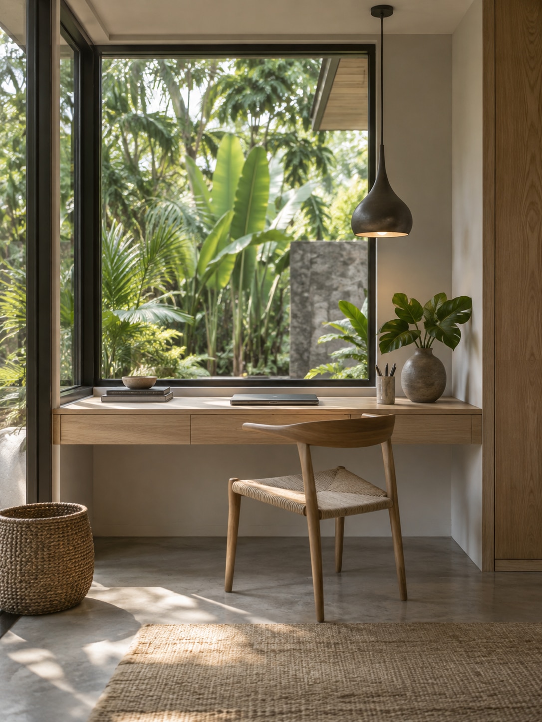 Tropical home office nook Minimal home office nook with a floating desk and tropical garden view | Sky Rye Design Minimal home office nook with a floating desk and tropical garden view