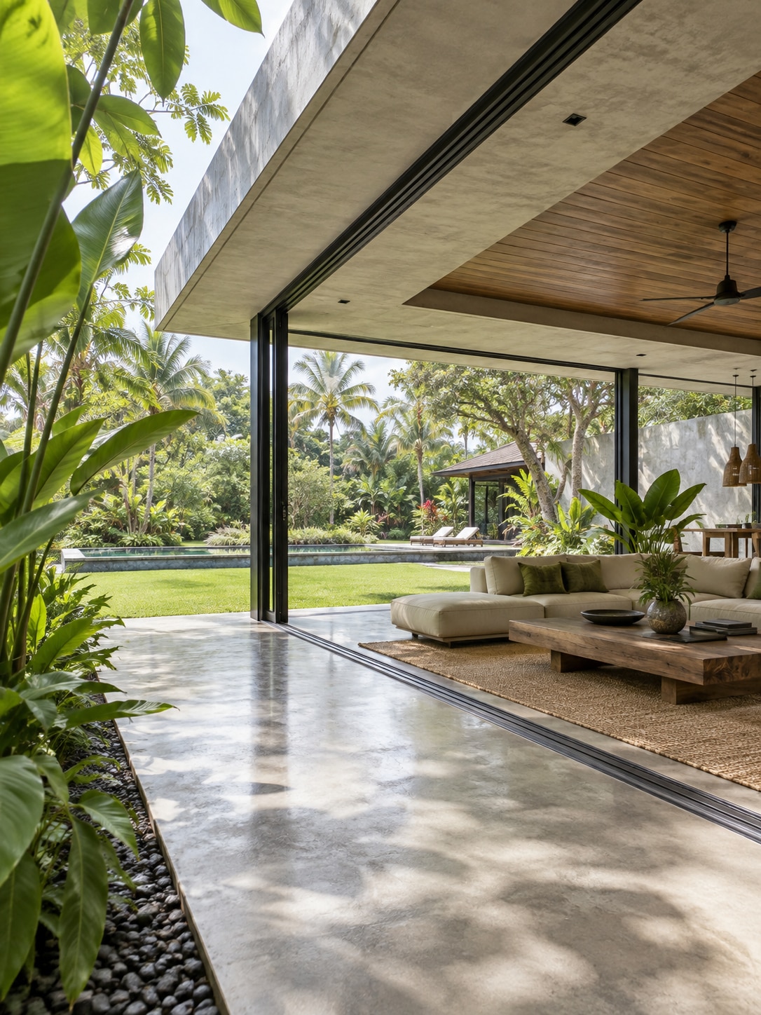 Tropical open-air living pavilion Open-air living pavilion with retractable glass walls facing a tropical garden | Sky Rye Design Open-air living pavilion with retractable glass walls facing a tropical garden