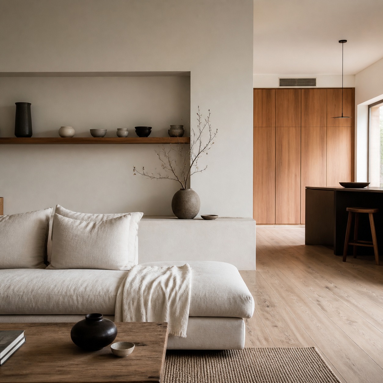 Two Tone Modern Apartment Palette Modern apartment interior with neutral walls and warm wood accents | Sky Rye Design Modern apartment interior with neutral walls and warm wood accents