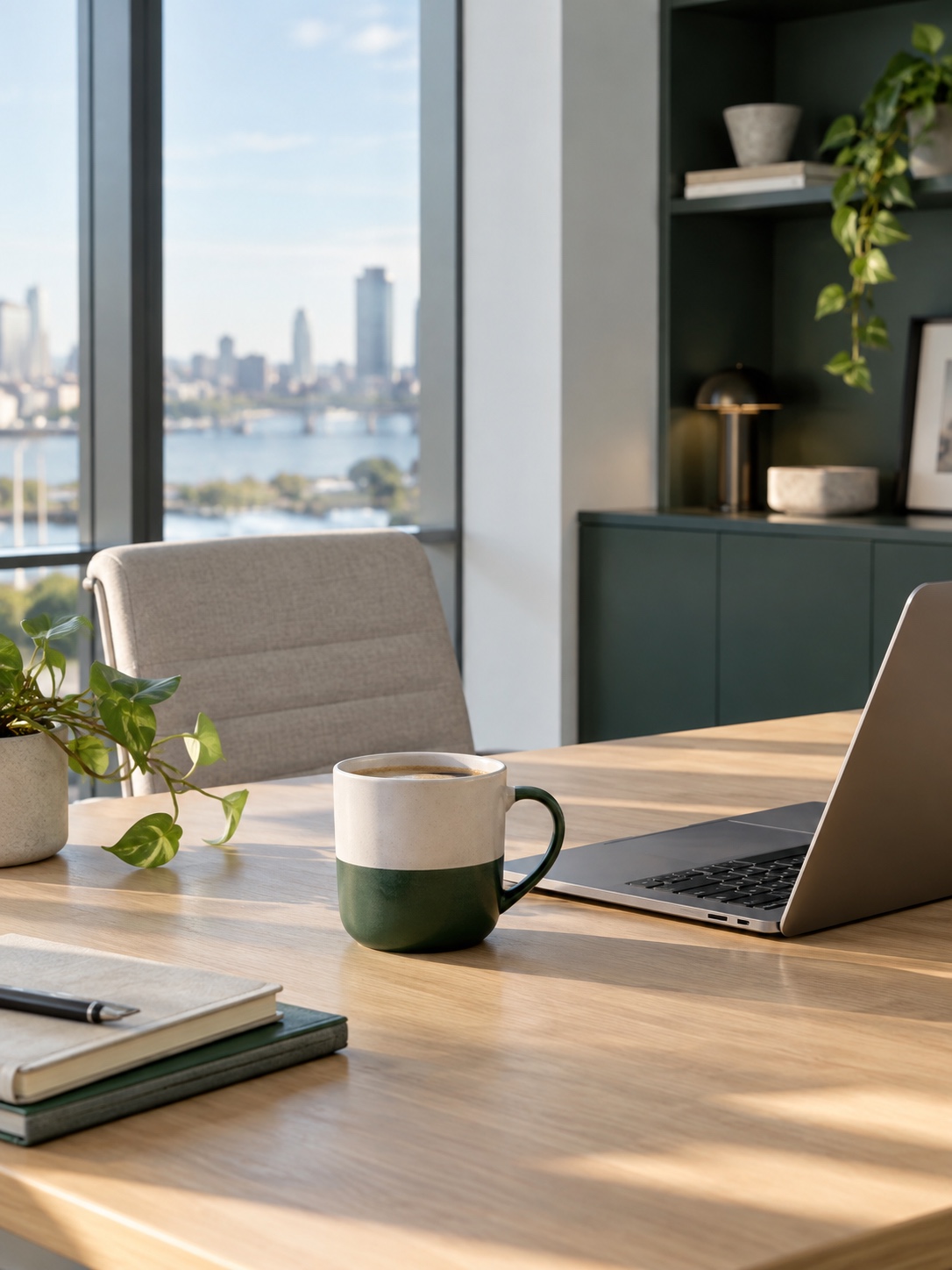 Two-tone ceramic mug beside a laptop on a minimalist office desk in morning light
