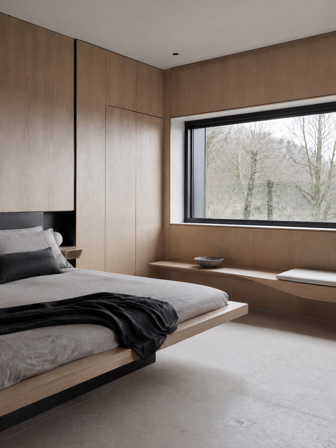 Ultra-modern bedroom hidden storage Ultra-modern bedroom with pale oak hidden storage, a cantilevered bed platform, black aluminum details, and a long horizontal window. | Sky Rye Design Ultra-modern bedroom with pale oak hidden storage, a cantilevered bed platform, black aluminum details, and a long horizontal window.