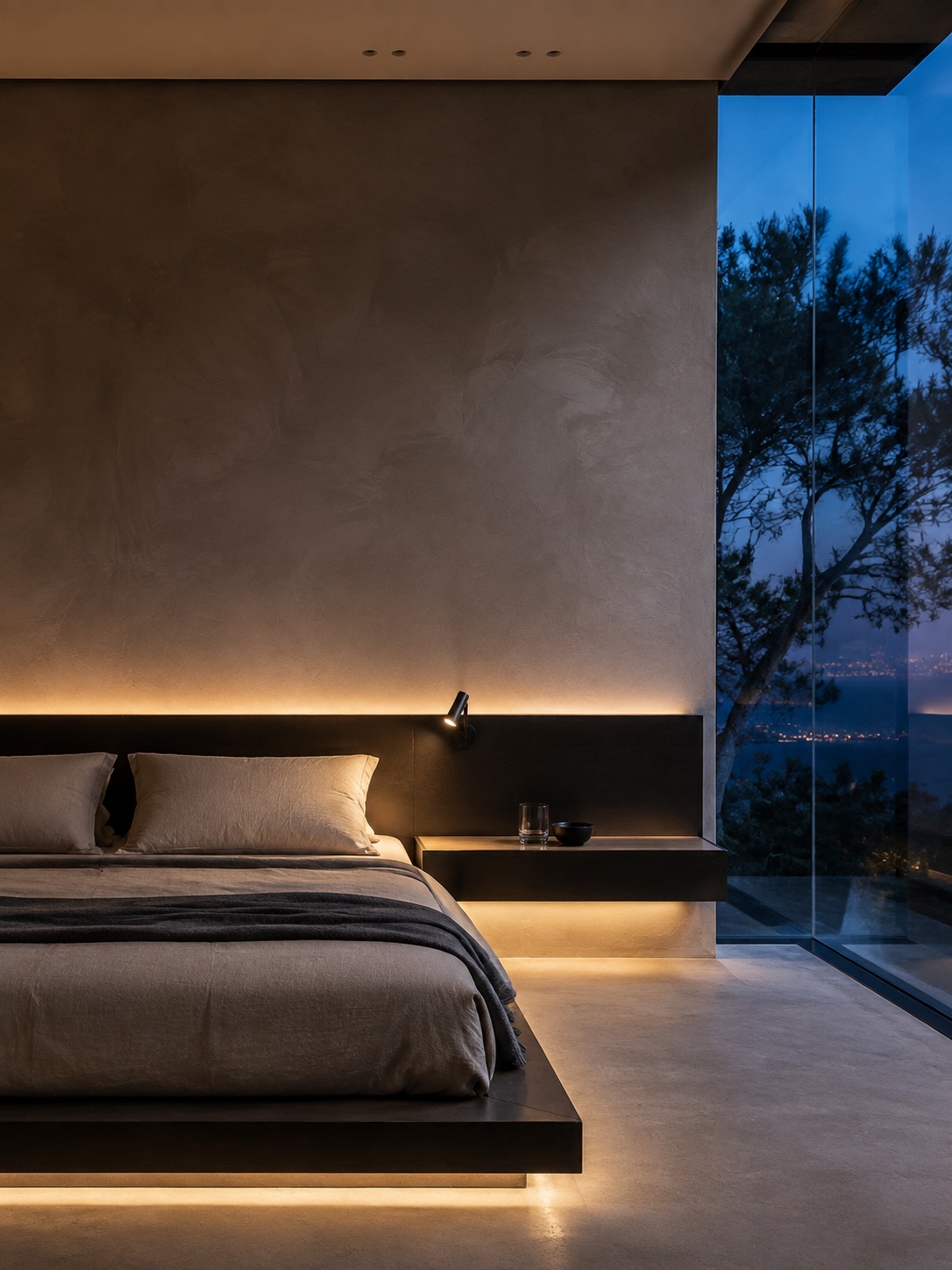 Ultra-modern bedroom lighting wall Ultra-modern bedroom with concealed linear lighting, a low platform bed, microcement wall, and a glass corner window at blue hour. | Sky Rye Design Ultra-modern bedroom with concealed linear lighting, a low platform bed, microcement wall, and a glass corner window at blue hour.
