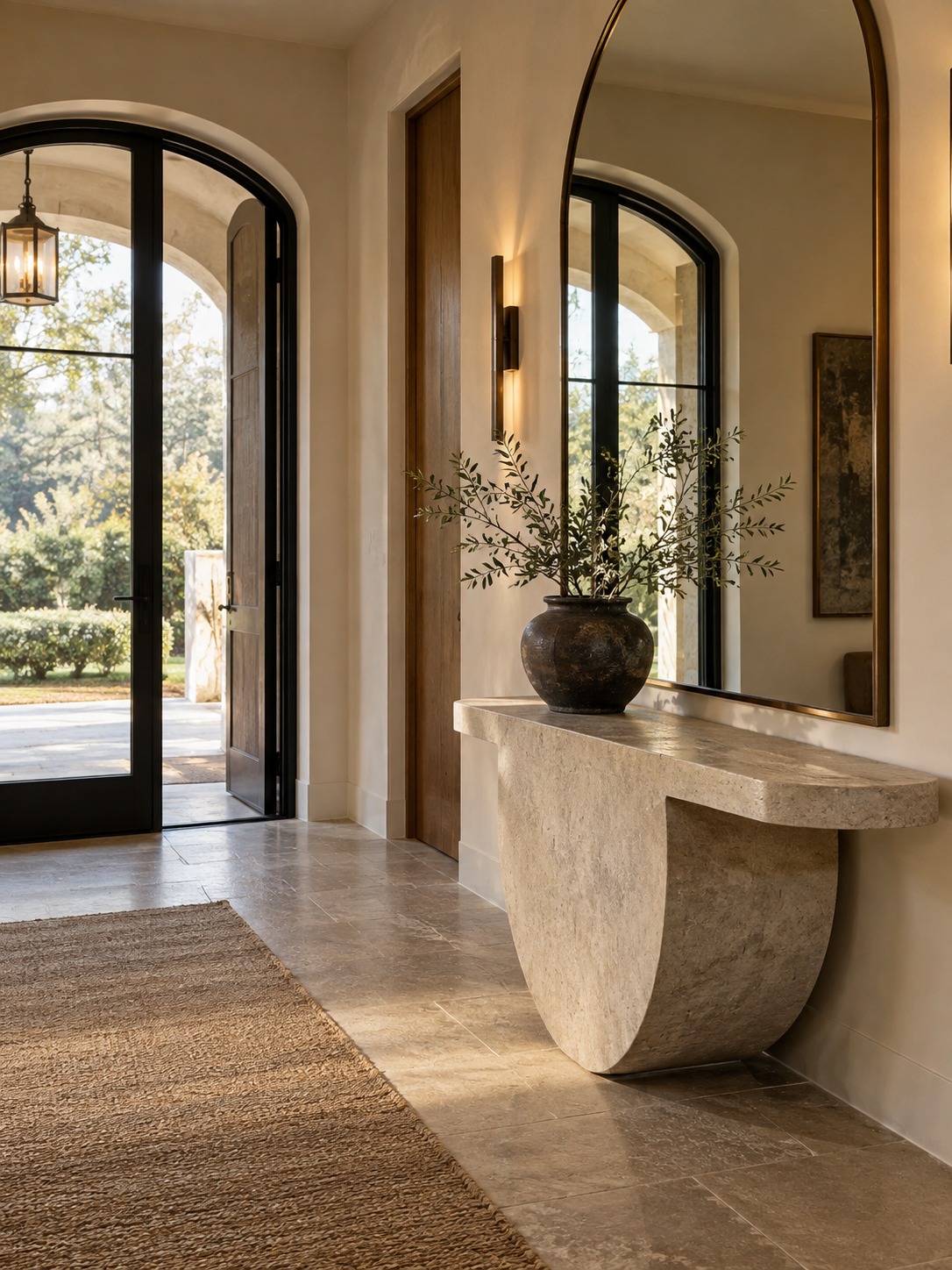 Modern entryway with a sculptural console, large mirror, and warm ambient light