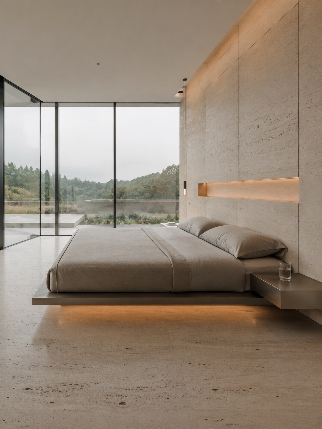 Ultra-modern floating platform bedroom Ultra-modern relaxing bedroom with a floating platform bed, travertine floor, glass walls, and concealed warm lighting. | Sky Rye Design Ultra-modern relaxing bedroom with a floating platform bed, travertine floor, glass walls, and concealed warm lighting.