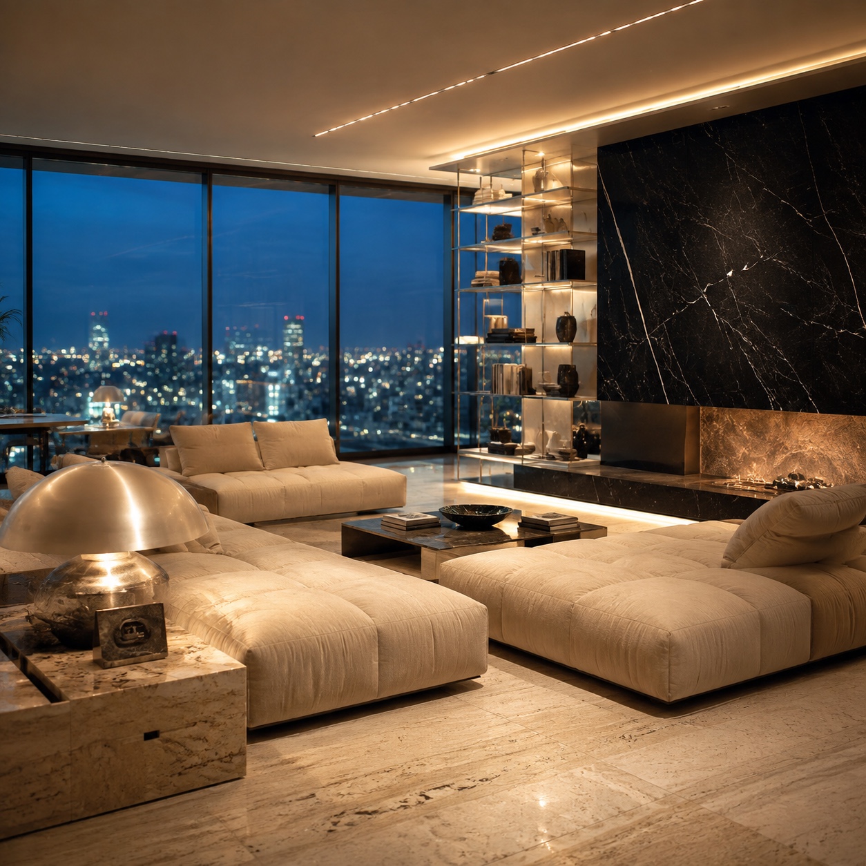 Ultra-modern penthouse living room balance Ultra-modern penthouse living room at dusk with floor-to-ceiling glazing, cream seating, black marble wall, travertine floor, and hidden storage panels. | Sky Rye Design Ultra-modern penthouse living room at dusk with floor-to-ceiling glazing, cream seating, black marble wall, travertine floor, and hidden storage panels.