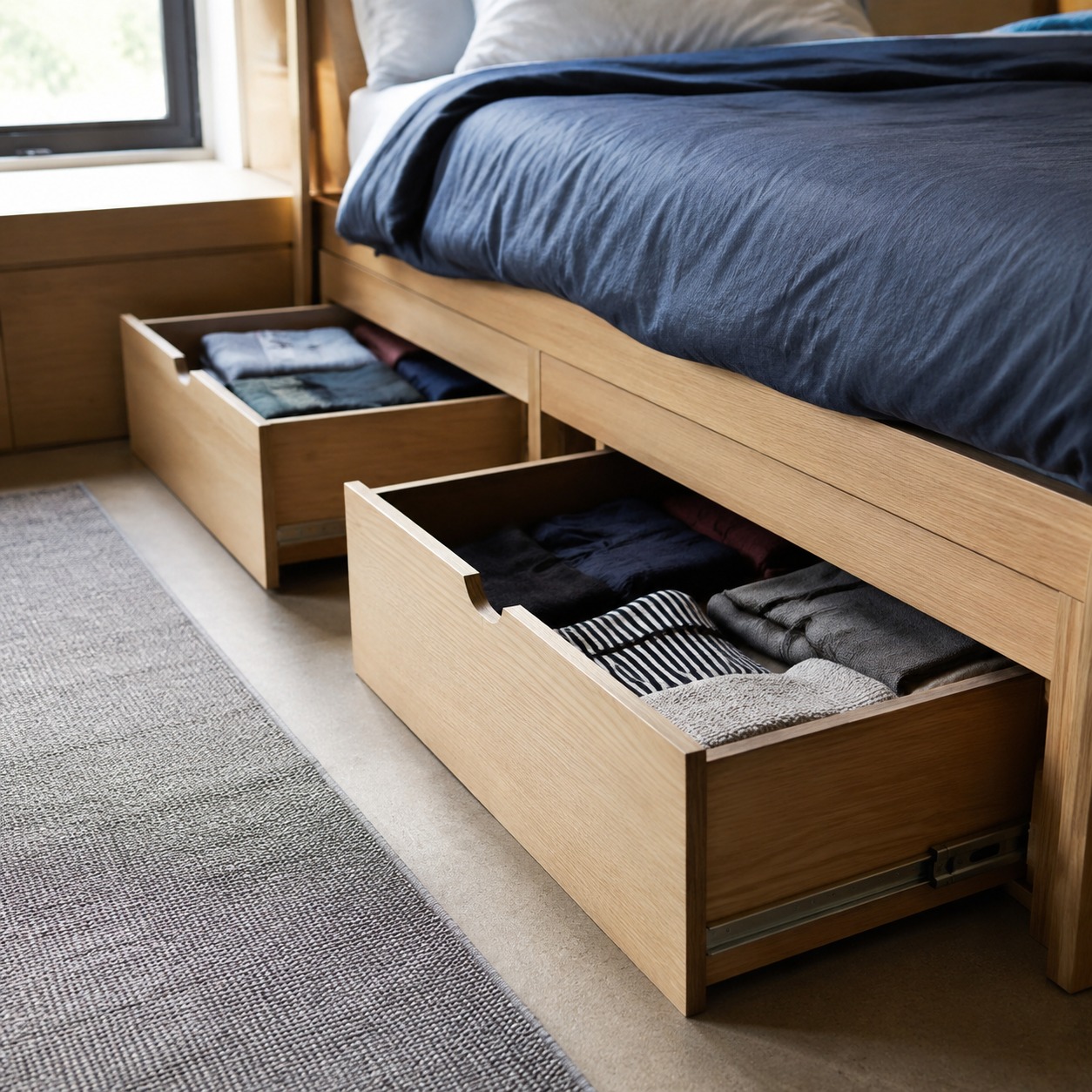 Under-bed storage drawers in a dorm Under-bed drawers pulled out to show organized folded clothing. | Sky Rye Design Under-bed drawers pulled out to show organized folded clothing.