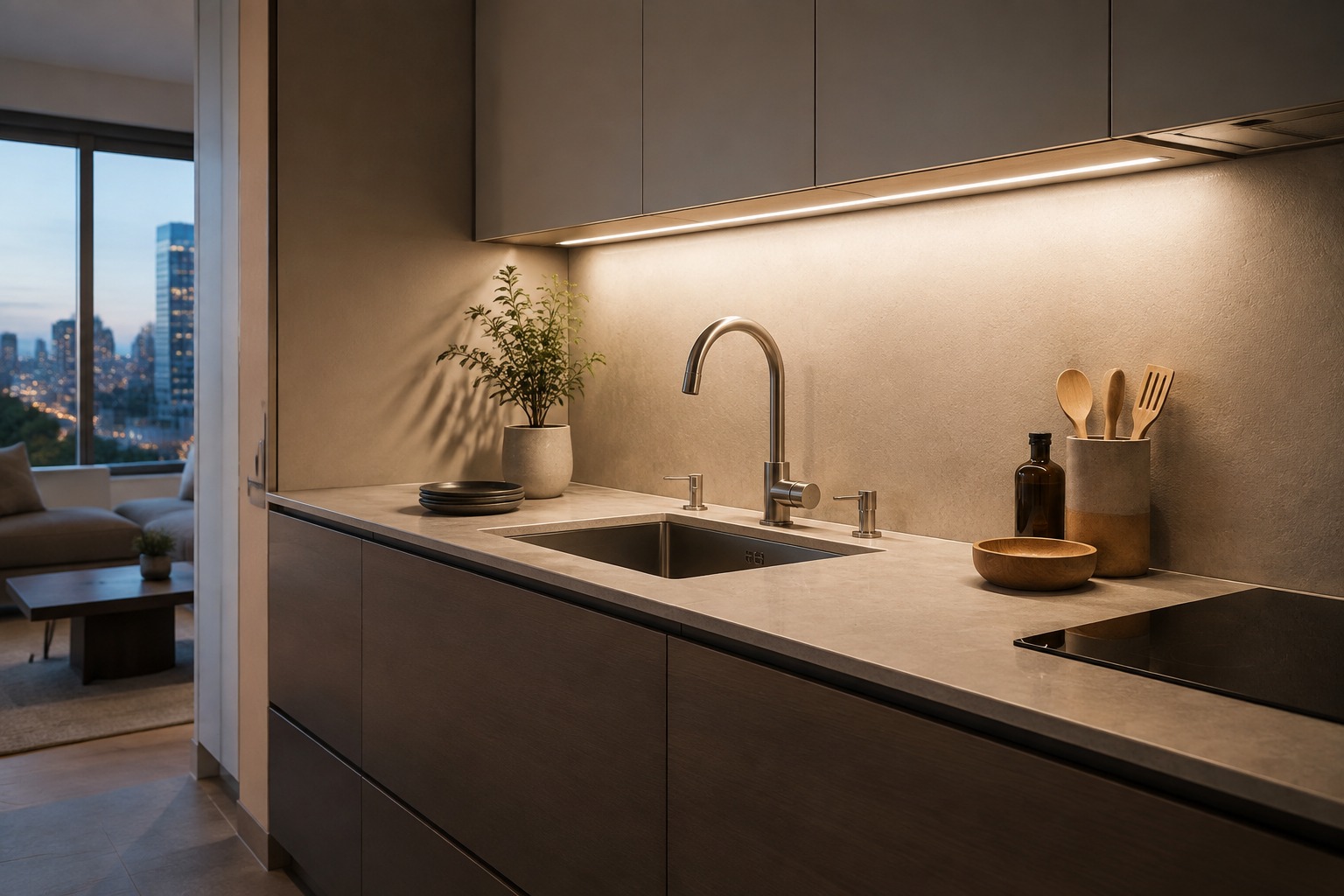 Under Cabinet Task Lighting Kitchen Warm under-cabinet lighting on a clean apartment kitchen counter | Sky Rye Design Warm under-cabinet lighting on a clean apartment kitchen counter