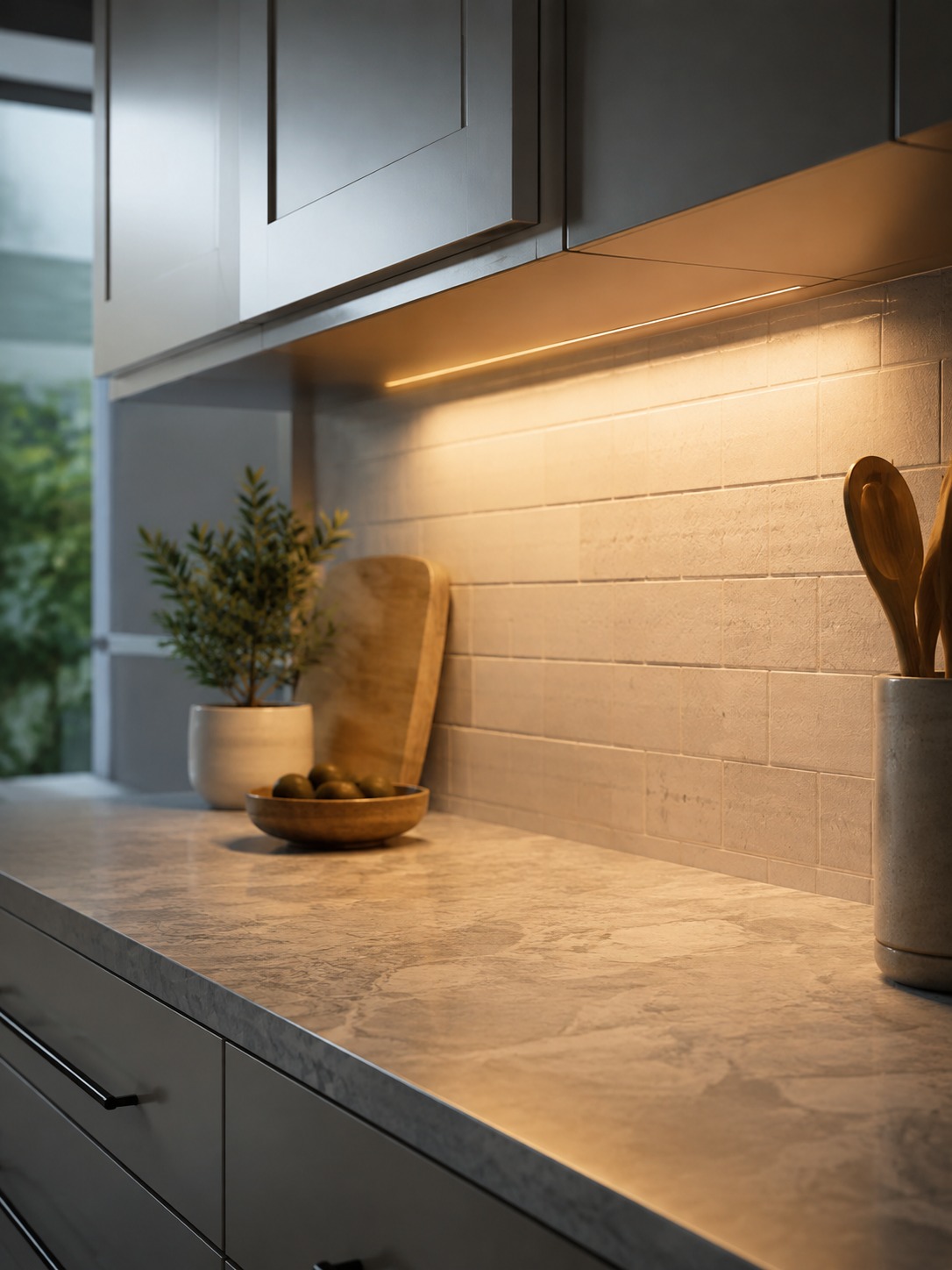 Under-cabinet task lighting over a prep surface under-cabinet task lighting illuminating a kitchen prep surface | Sky Rye Design under-cabinet task lighting illuminating a kitchen prep surface