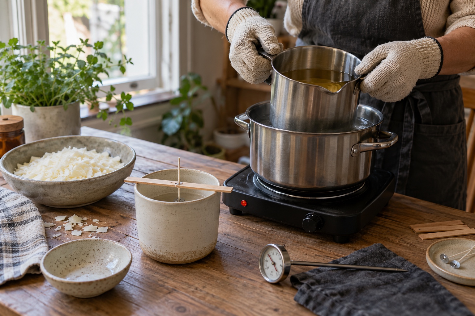Safe container candle making setup with double boiler and centered wick