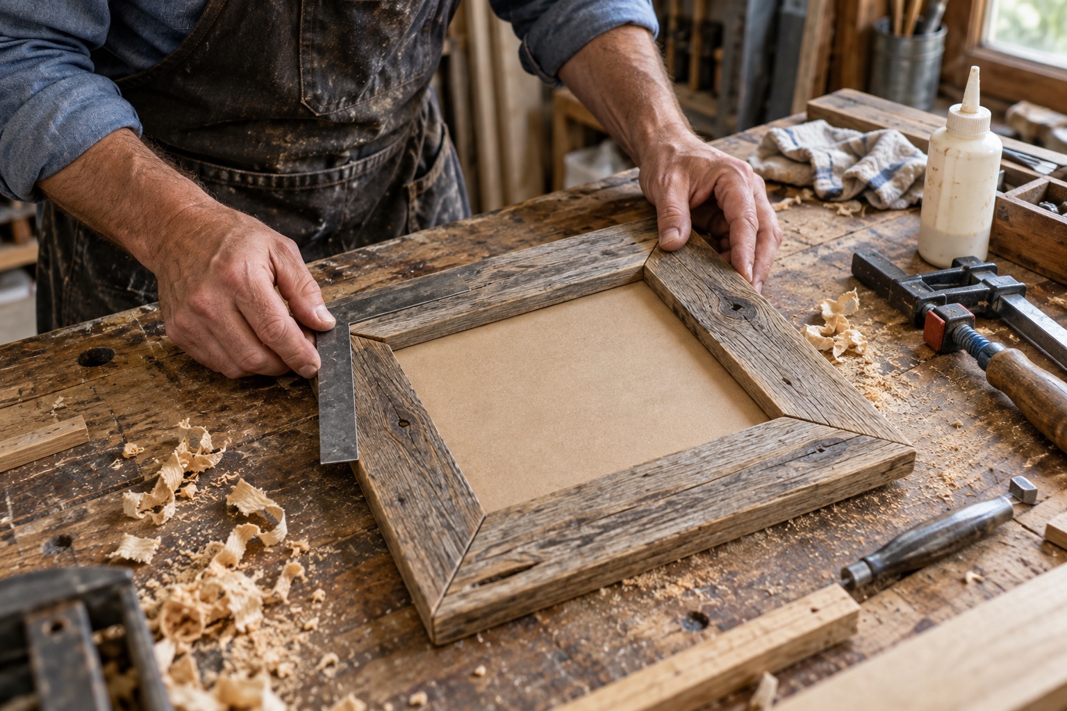 Hands assembling a reclaimed wood picture frame on a workshop table