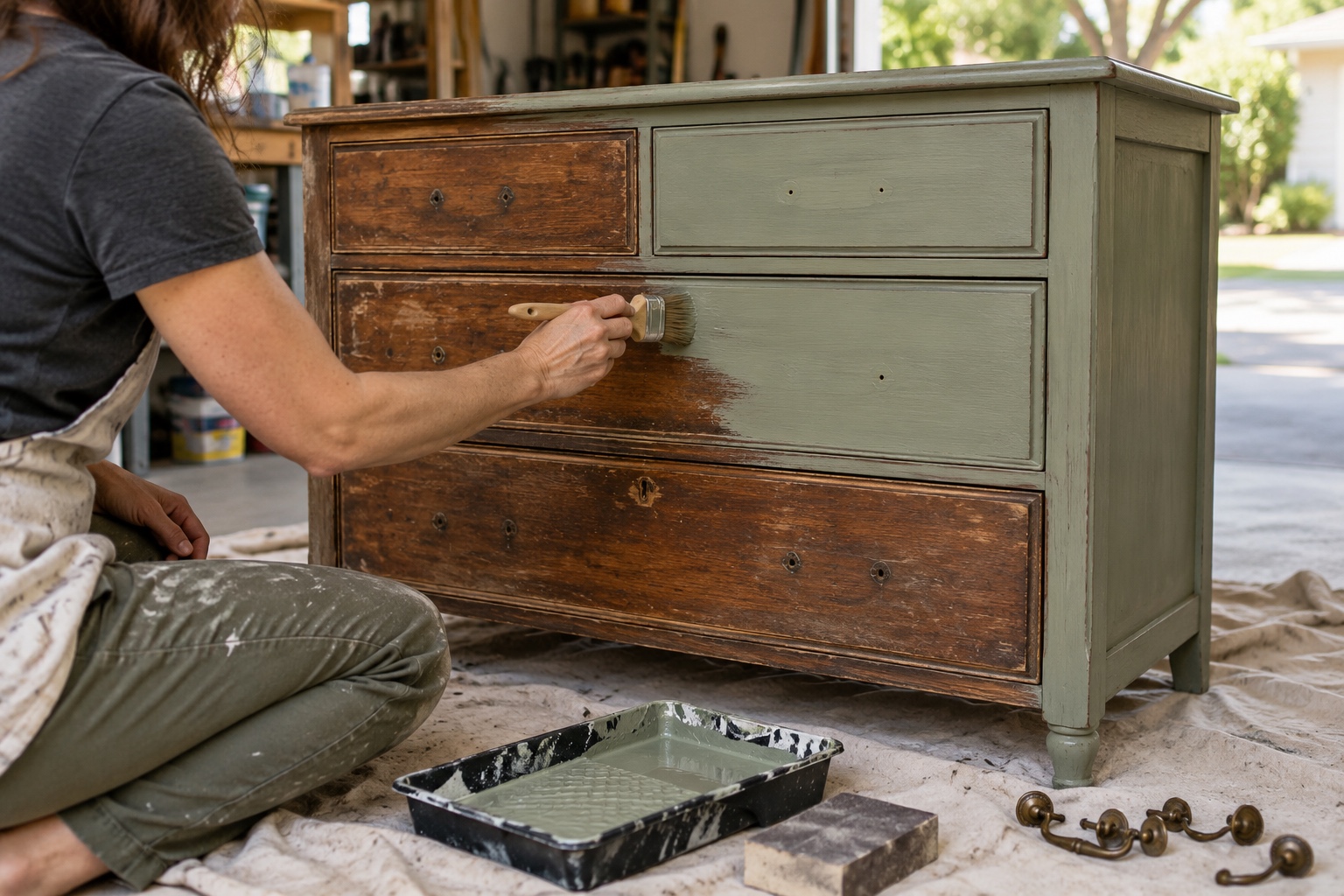DIYer refinishing an old wooden dresser with muted sage paint