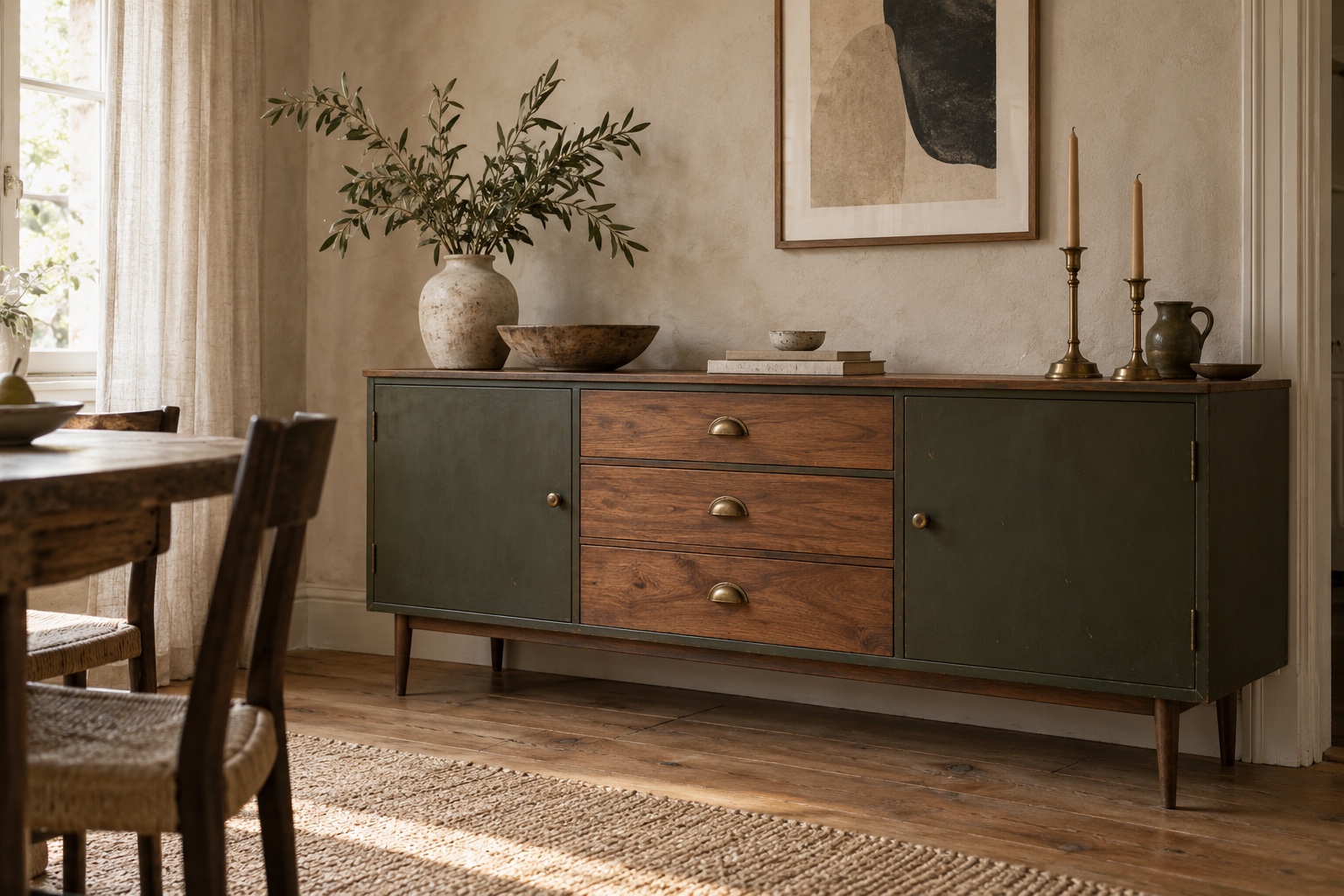 Finished upcycled sideboard styled in a warm neutral dining room