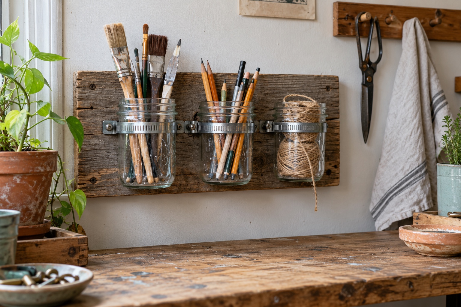 Mason jar organizer mounted on reclaimed wood above a craft desk
