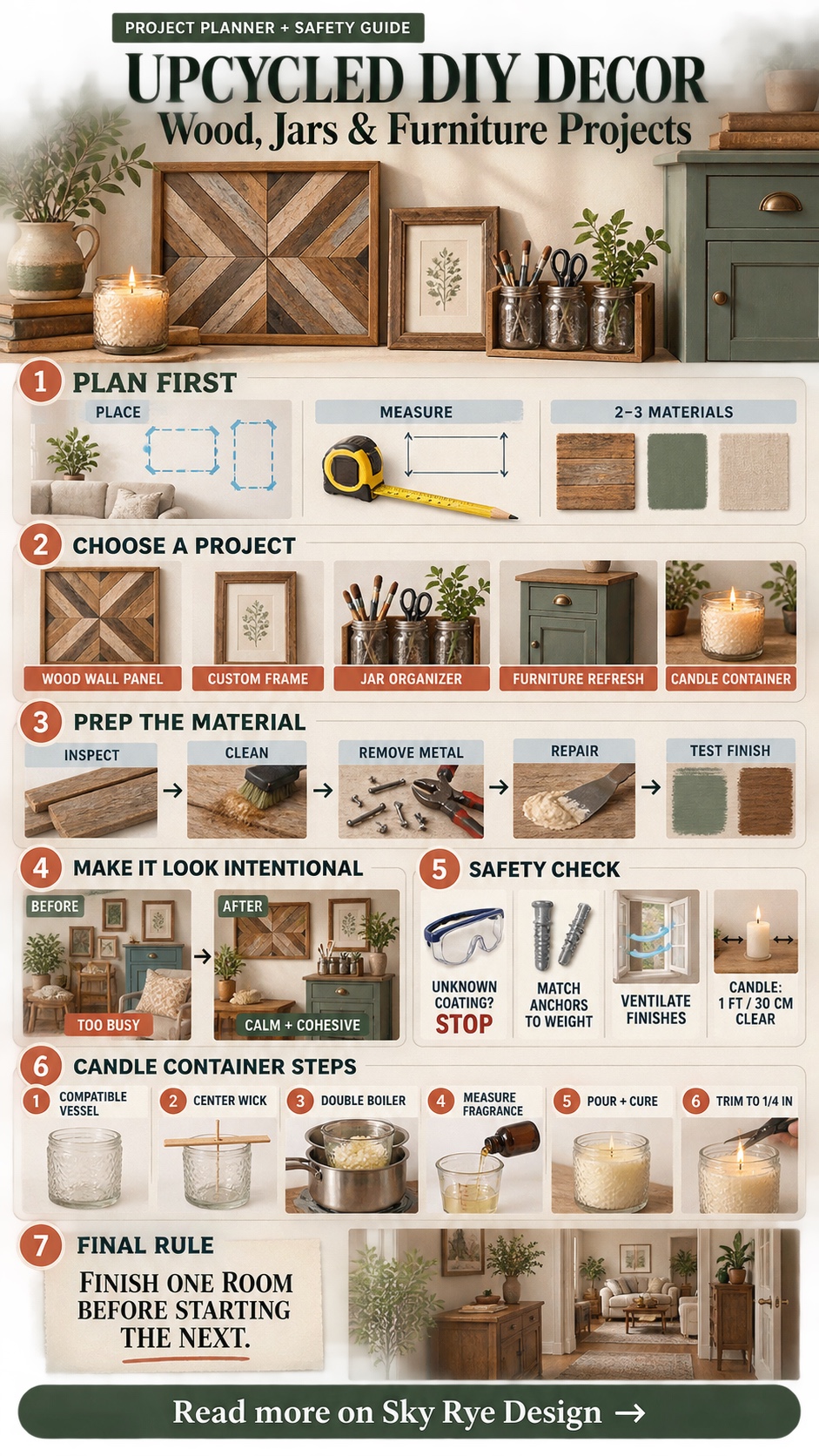 Upcycled DIY decor infographic showing project planning, material preparation, safety checks, and candle-container steps