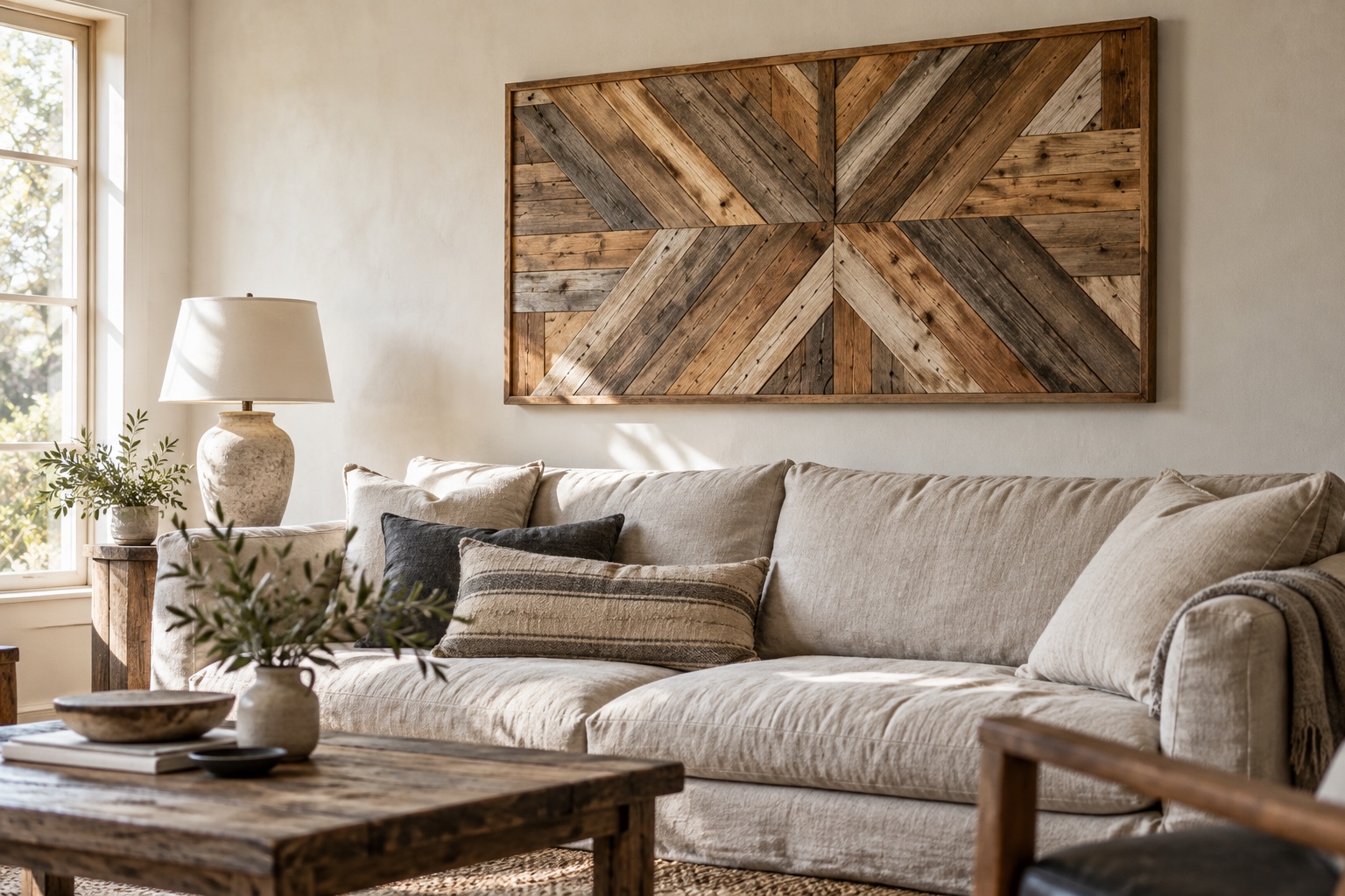 Geometric reclaimed wood wall panel in a warm neutral living room