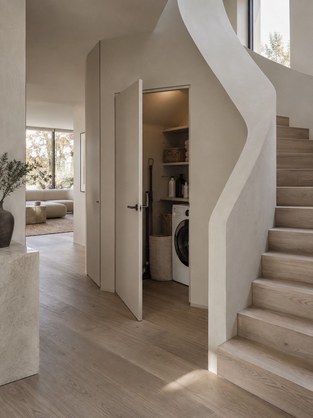 Utility closet beside a modern staircase Discreet utility closet beside a modern staircase with matching wall and floor finishes | Sky Rye Design Discreet utility closet beside a modern staircase with matching wall and floor finishes