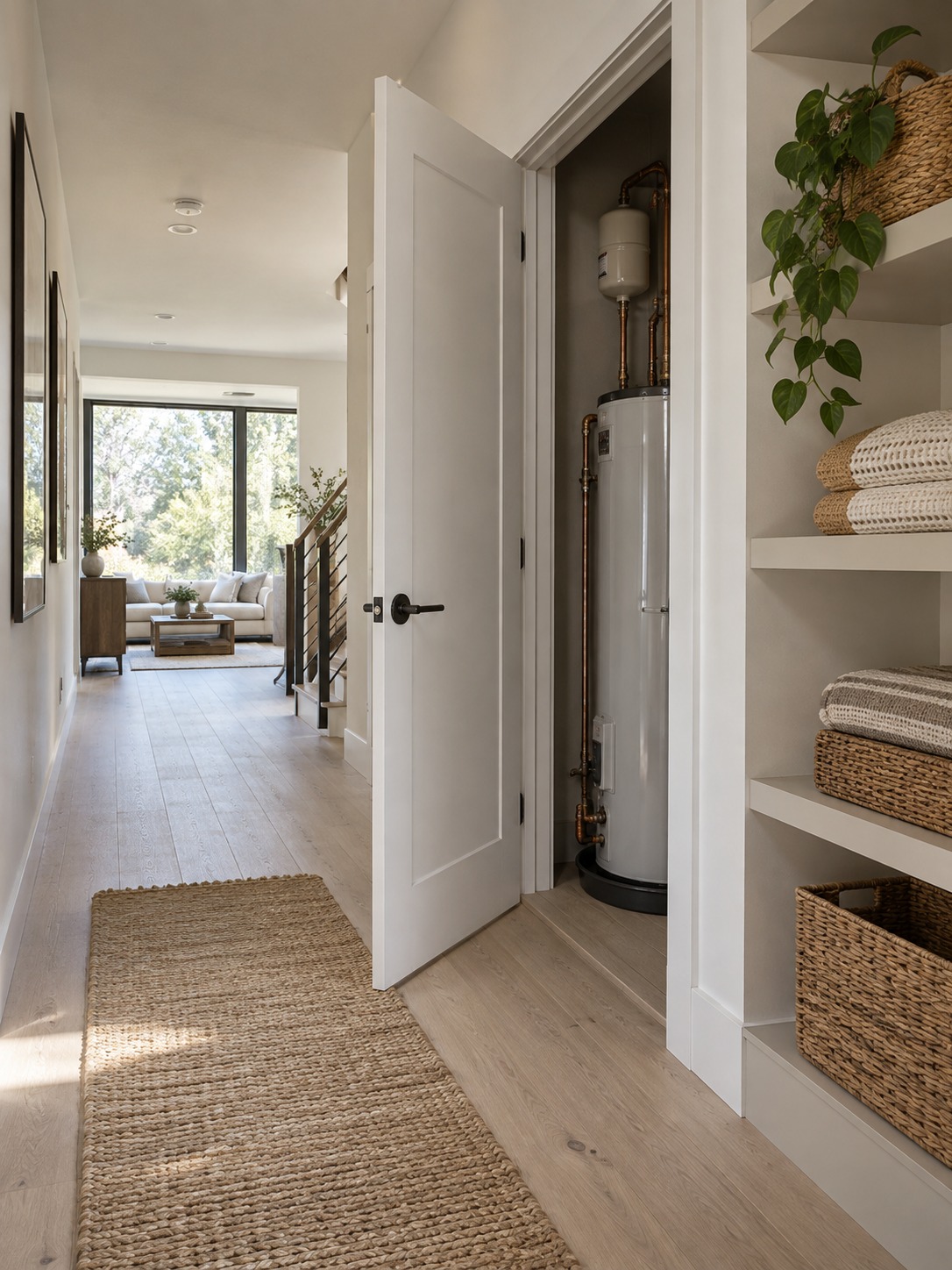 Utility closet door swing clearance Open utility closet door with clear working space in a modern hallway | Sky Rye Design Open utility closet door with clear working space in a modern hallway