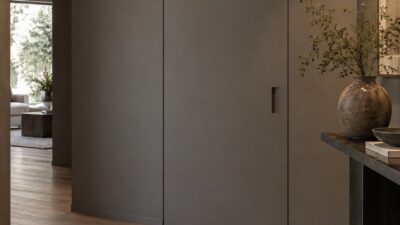 Flush charcoal utility closet door blending into a modern hallway wall