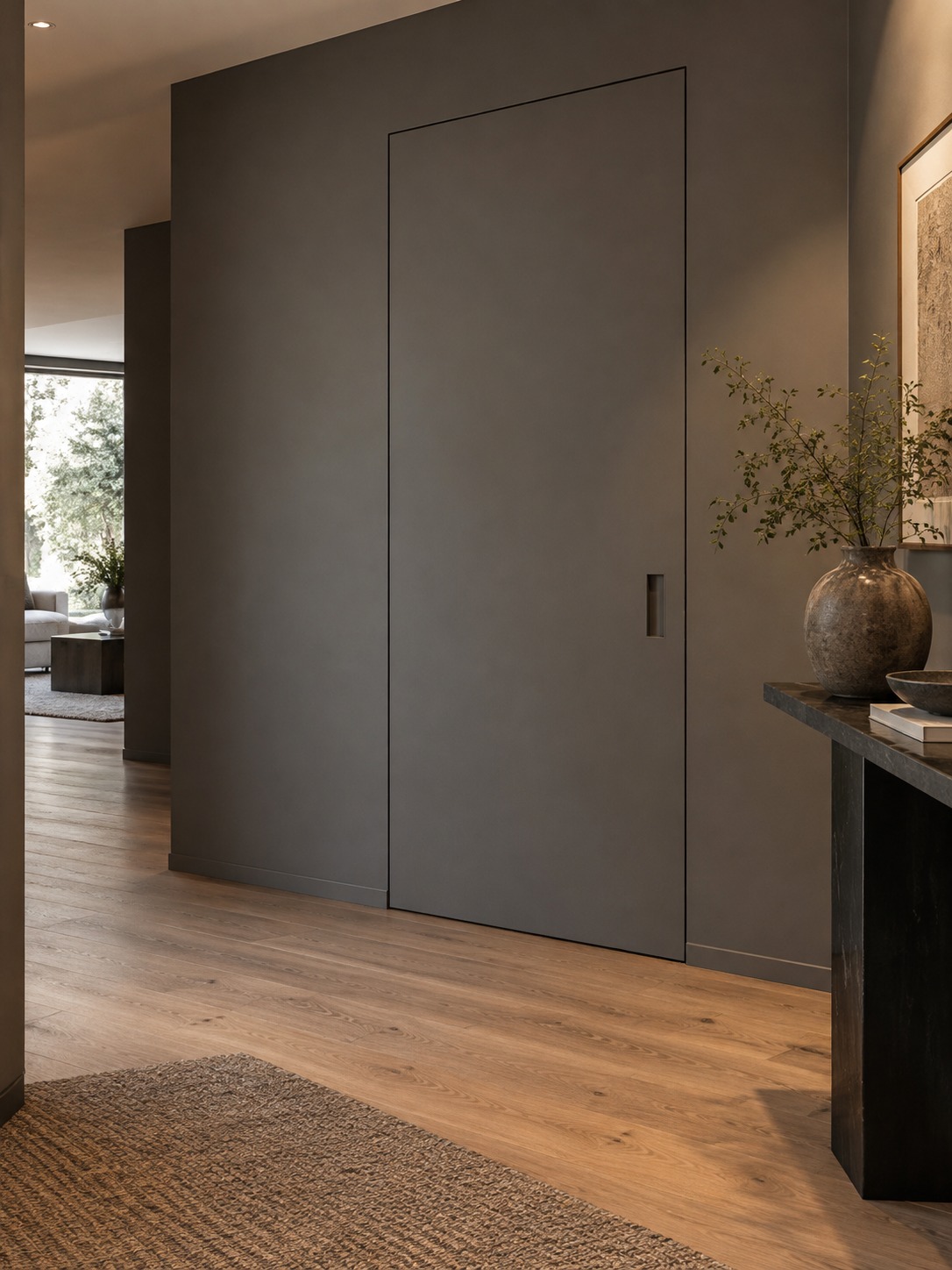 Flush charcoal utility closet door Flush charcoal utility closet door blending into a modern hallway wall | Sky Rye Design Flush charcoal utility closet door blending into a modern hallway wall