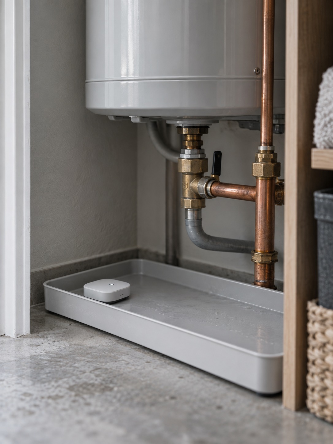 Leak sensor and drain pan Small leak sensor and slim drain pan beneath a wall-mounted water heater | Sky Rye Design Small leak sensor and slim drain pan beneath a wall-mounted water heater