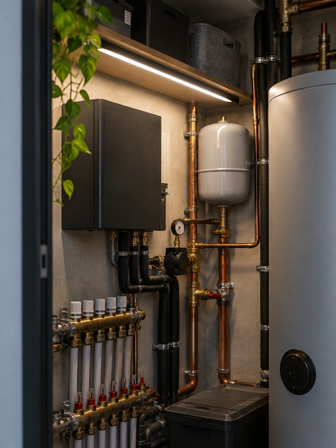 Integrated utility closet task lighting Heating system cabinet and exposed copper piping with a pressure gauge and expansion tank in a utility room. | Sky Rye Design Integrated LED task light illuminating equipment inside a modern utility closet